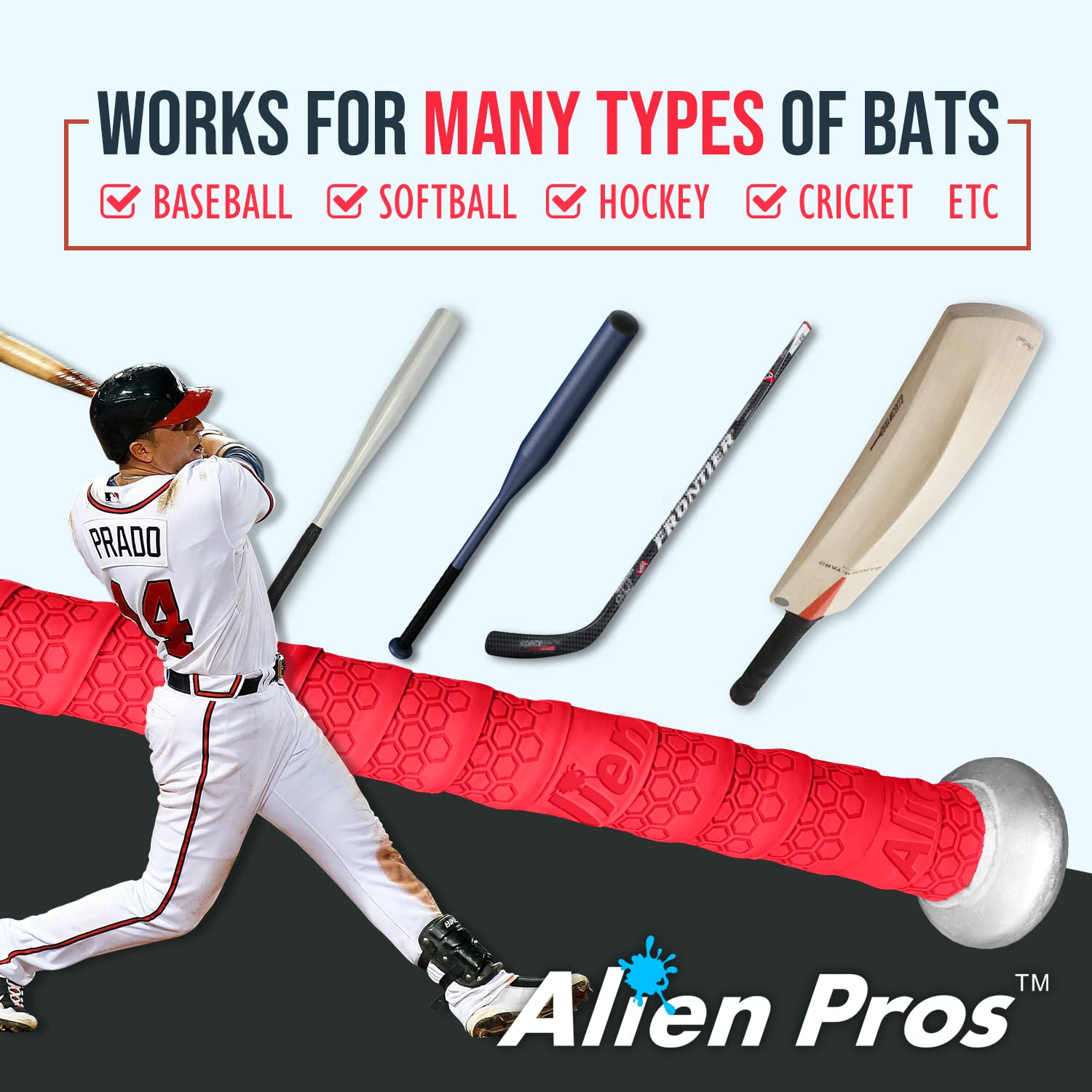 ALIEN PROS Baseball Bat Grip Tape - 1.1mm Precut Pro Feel Batting Tape (2 or 4 Grips) - Replacement for Old Baseball Bat Handle - Improve Swing Control & Power for Home Runs - Perfect for Little League, High School & Adult Baseball Players