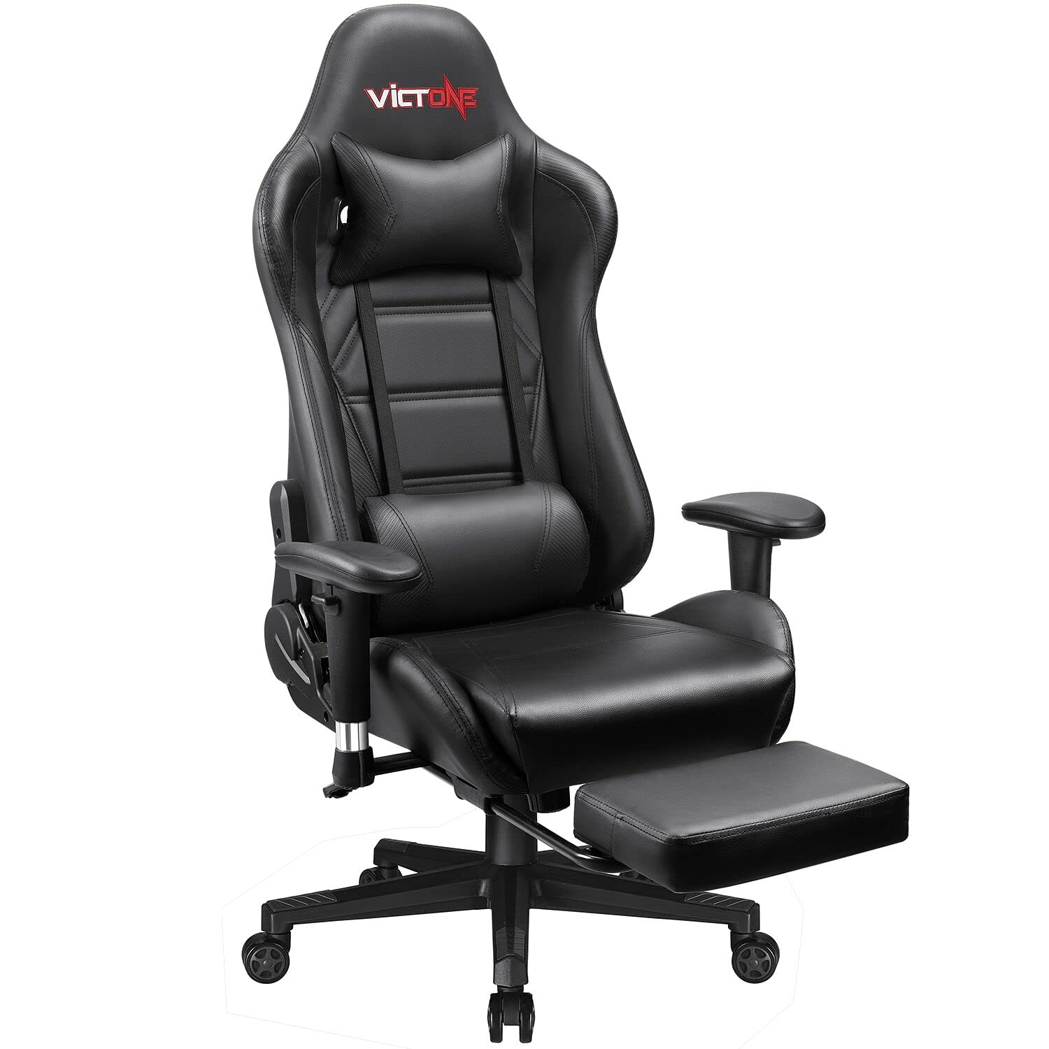 VICTONE Ergonomic Gaming Chair - High Back Racing Style Office Computer Chair with Adjustable Height, Footrest & Lumbar Support - PU Leather Desk Chair for Adults & Teens (Carbon Black) - Perfect for Gaming, Working & Home Office
