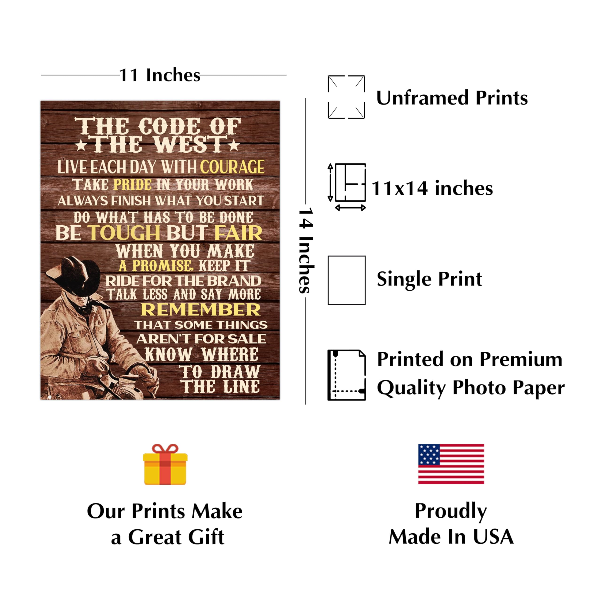 Code of the West - Inspirational Western Cowboy Wall Art Print, Motivational Horse Riding Decor for Farmhouse, Home, Office & Barn - Unframed 11x14 - Perfect for Western Themed Rooms, Ranch Style Decor & Cowboy Gift Ideas