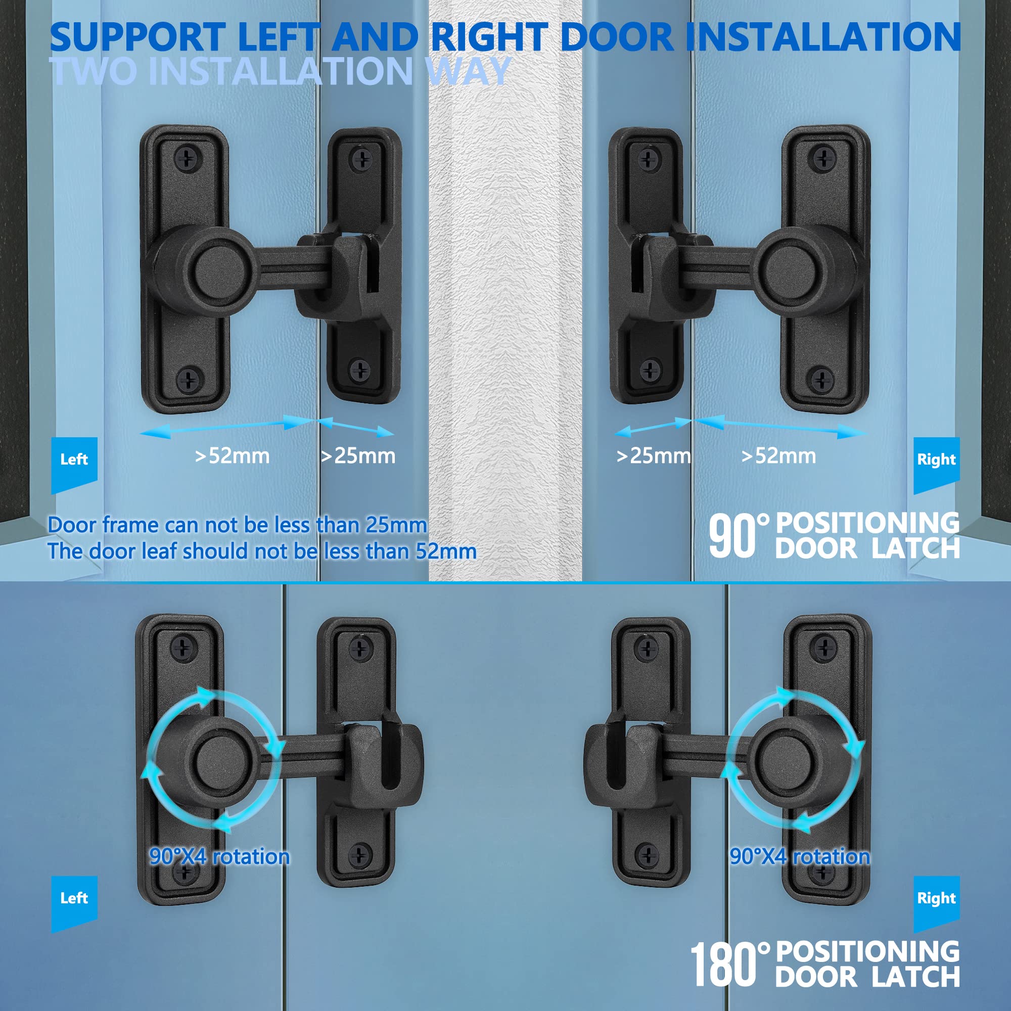 90/180 Degree Sliding Barn Door Lock Latch Hardware - Dual Security Slide Lock for Bathroom, Garage, Bedroom, Cabinet & Barn Gates - Heavy Duty Black Metal Door Lock for Enhanced Home Security (Perfect for Rustic & Farmhouse Style Homes)