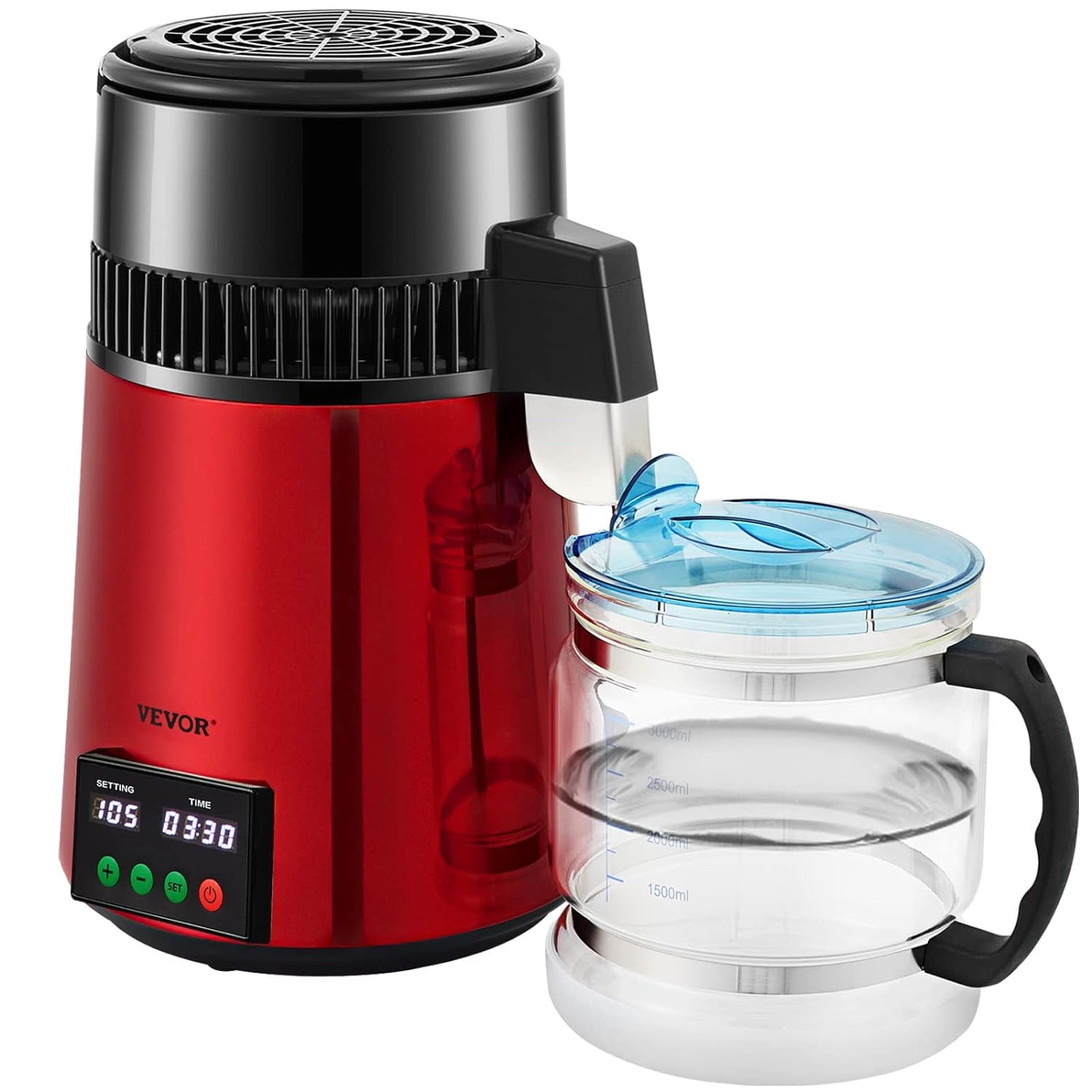 VEVOR 1.1 Gallon Water Distiller Machine with 0.3GPH Output, 750W Countertop Distilled Water Maker with 0-99H Timer & Temperature Display, 304 Stainless Steel & Glass Carafe - Includes Cleaning Powder & 3 Carbon Filters (Red) - Perfect for Home, Office, and Emergency Water Purification
