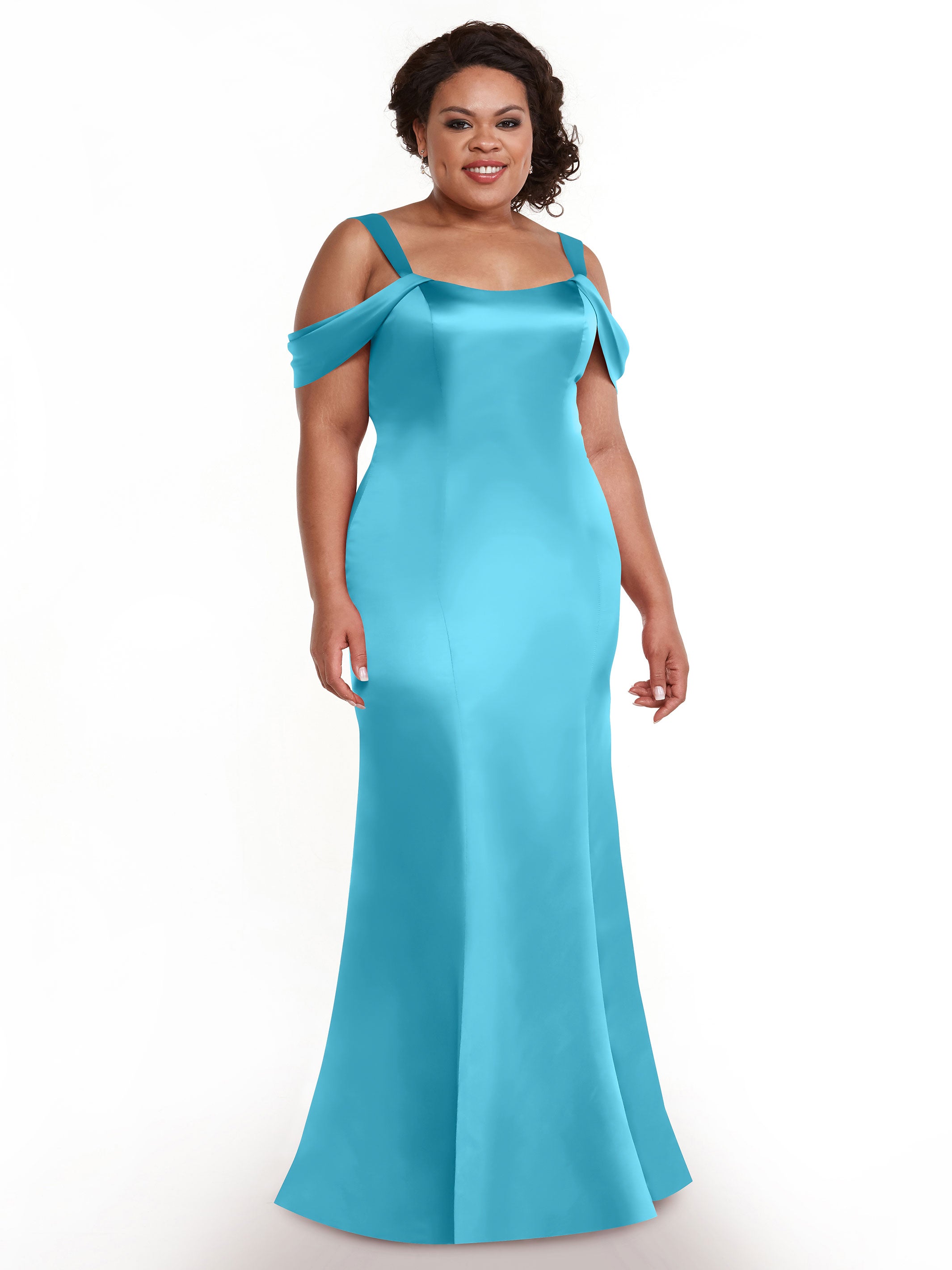 Elegant 80151 Fitted Satin Bridesmaid Dress with Off-The-Shoulder Sleeves - Perfect for Weddings, Formal Events & Special Occasions