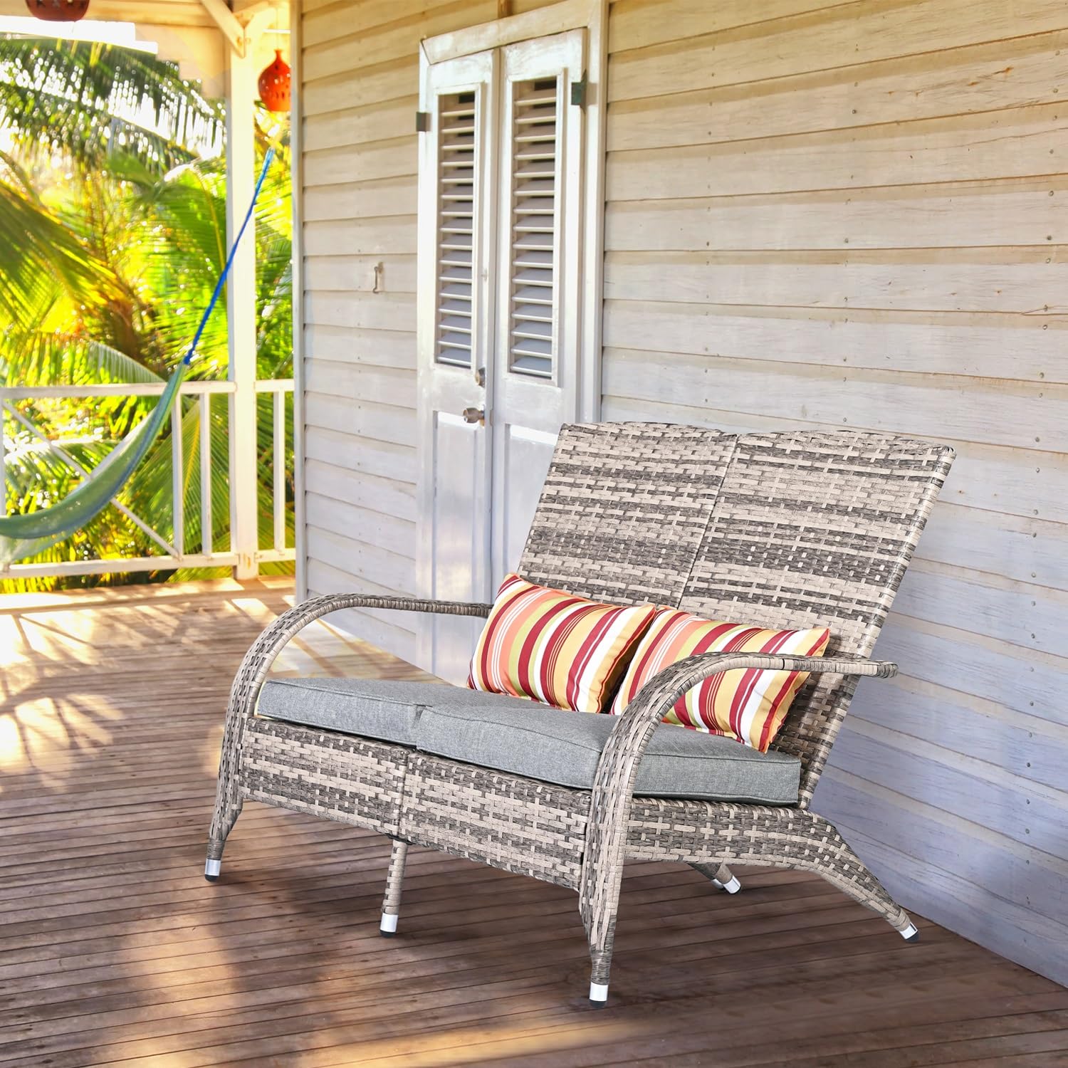 Outdoor Patio Wicker Loveseat Bench - Grey Rattan Double Adirondack Chairs with Cushions, Comfortable Deep Seating High Back Sofa for Deck, Balcony, Garden & Fire Pit Relaxation