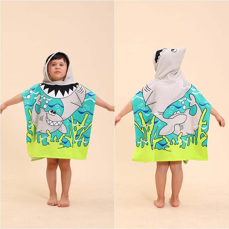 Shark Hooded Towel for Kids - Soft & Absorbent Poncho Beach Towel for Boys & Girls (Ages 2-10) | Wearable Swim Towel, Pool Towel & Bath Robe for Toddlers - Perfect for Swimming, Beach & Bath Time
