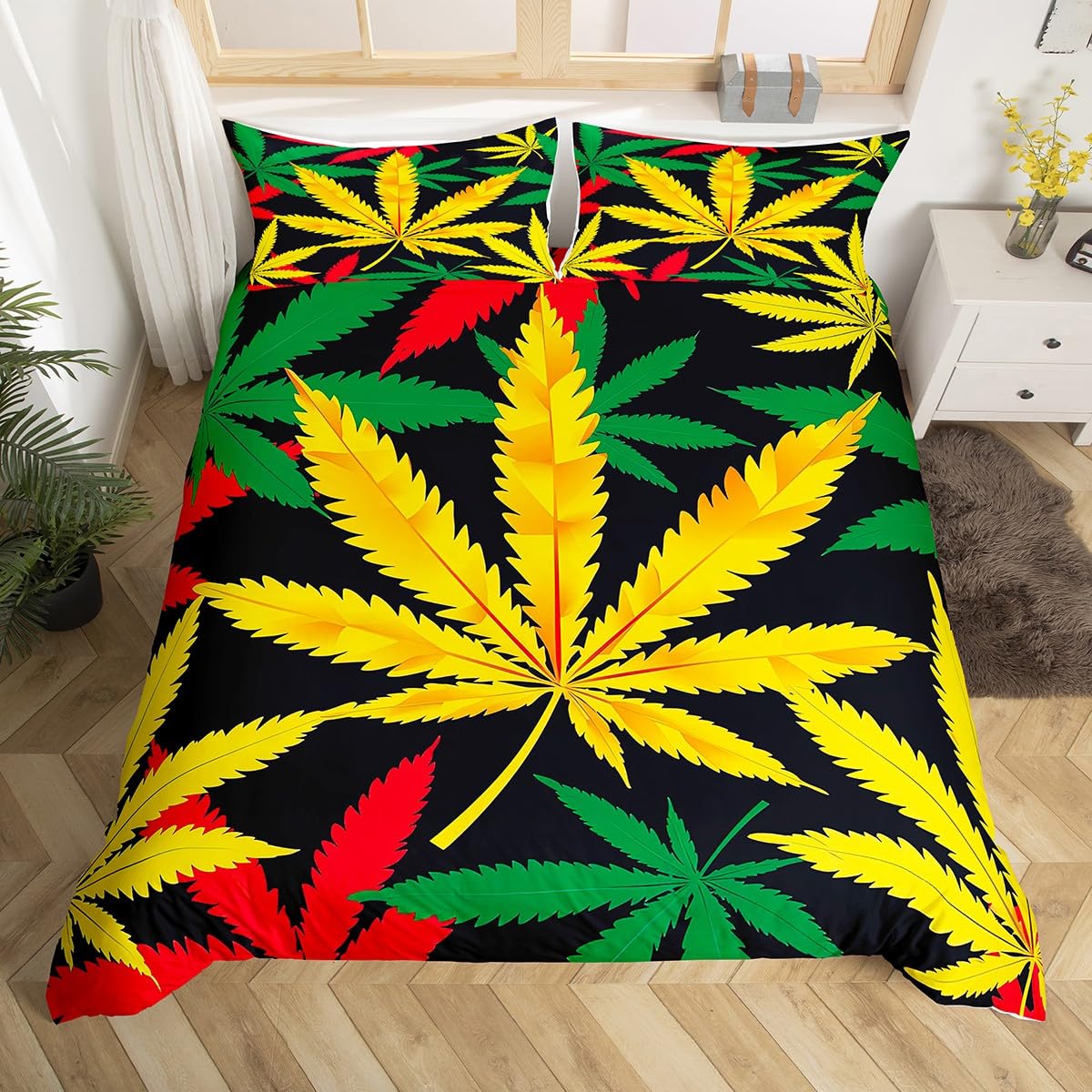 Premium Cannabis Leaves Duvet Cover Set Twin Size - Trippy Weed Leaf Boho Comforter Cover with Pillowcase, Watercolor Marijuana Design for Adult Bedroom - Perfect for Stoner Aesthetic, Hippie Decor & Bohemian Farmhouse Style