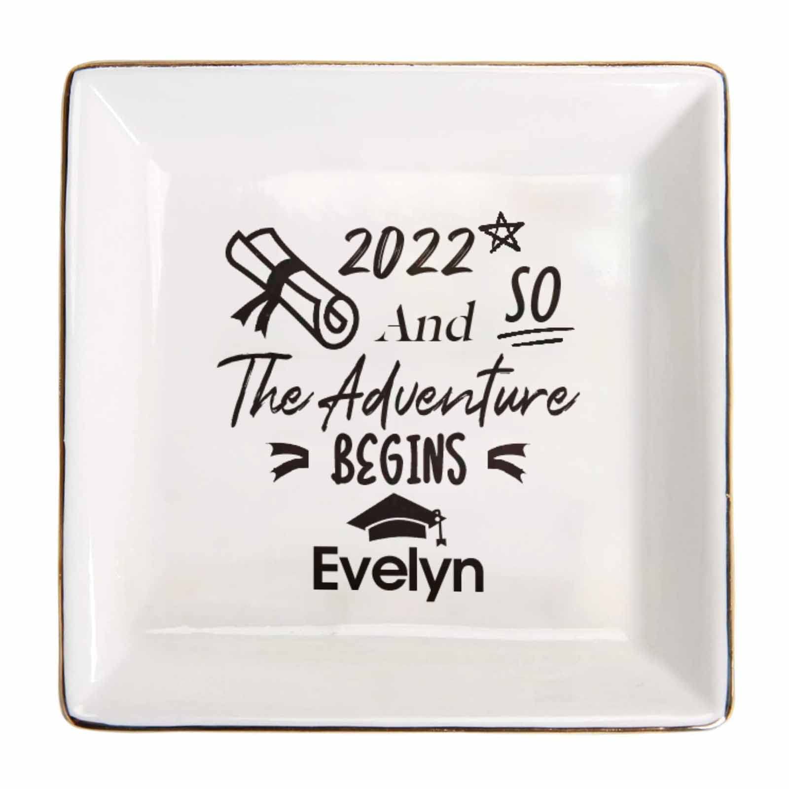 Custom Graduation Gifts for Women - Personalized Ceramic Ring Dish with Inspirational Quotes | Class of 2022 High School & College Jewelry Tray | Perfect for Dorm Room Decor, Gift for Daughter, Sister or Friend