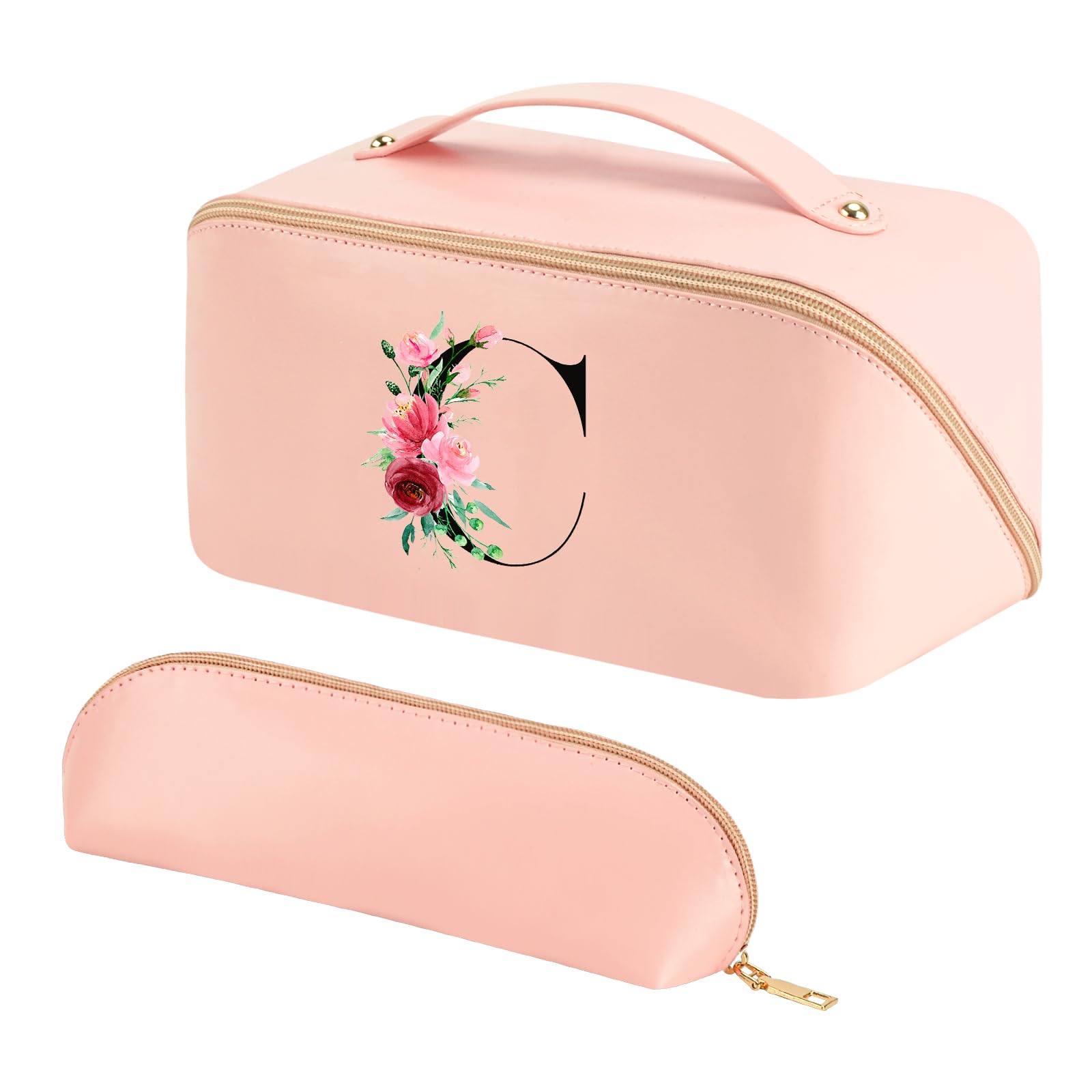 Personalized Initial Makeup Bag for Women - Large Travel Cosmetic Organizer with Brush Pouch, Waterproof Toiletry Bag for Makeup Storage & Travel Essentials | Perfect for Vacation, Gym, and Daily Use