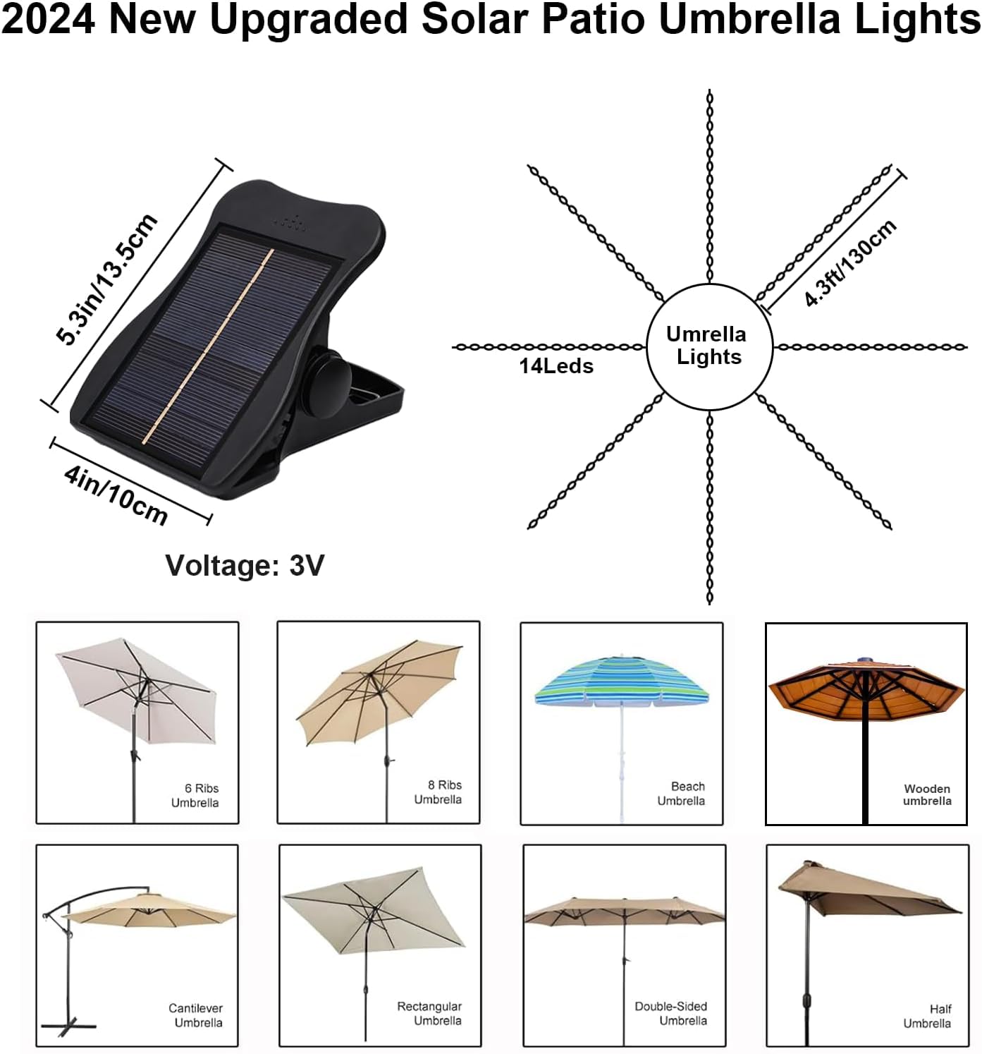 VOOKRY Solar Umbrella Lights Outdoor - Waterproof Solar Powered LED Patio Lights with 8 Modes, Cordless for Beach, Tent, Camping, Garden, Party Decoration (Warm White) | Perfect for Outdoor Dining, Backyard BBQ, Poolside Relaxation and Evening Gatherings