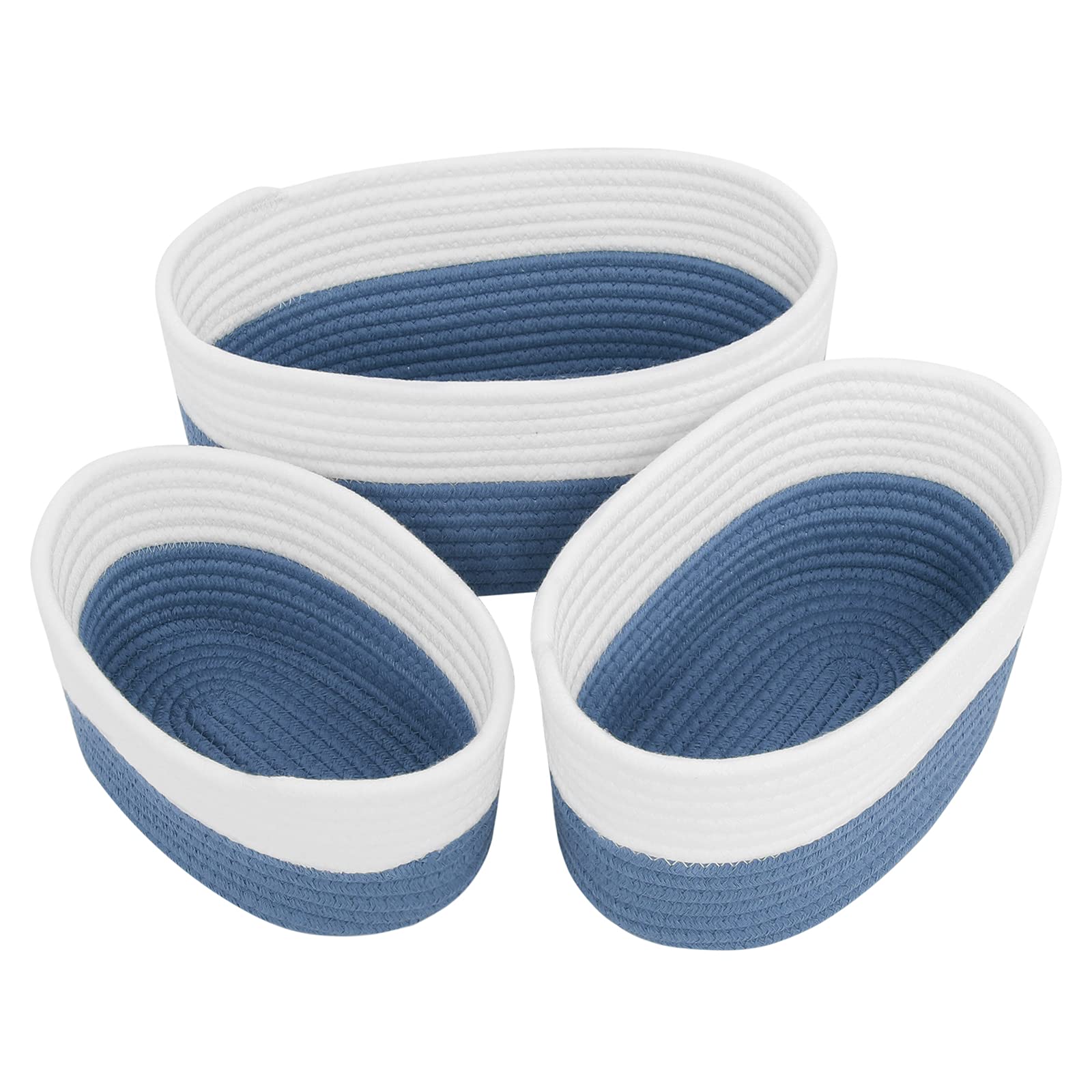 Hombins 3-Piece Cotton Rope Storage Basket Set with Handles - Round Organizing Baskets for Toys, Baby Nursery, Pet Supplies | Perfect for Home Organization, Kids Room & Pet Play Area (White & Blue)