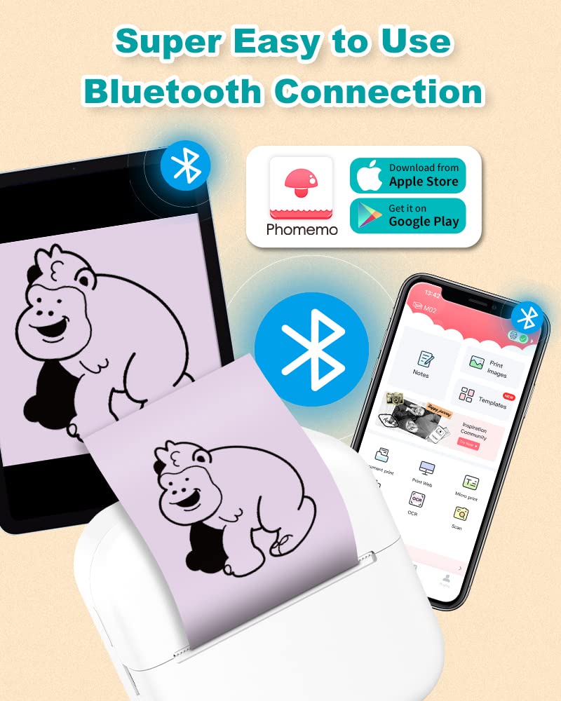 Phomemo M02X Mini Bluetooth Thermal Printer - Portable Sticker Printer with 3 Rolls, Wireless Mobile Label Maker for School Notes, Work Organization & Home DIY Projects | Compact Inkless Printing for Bullet Journals, Planner Stickers & Crafting