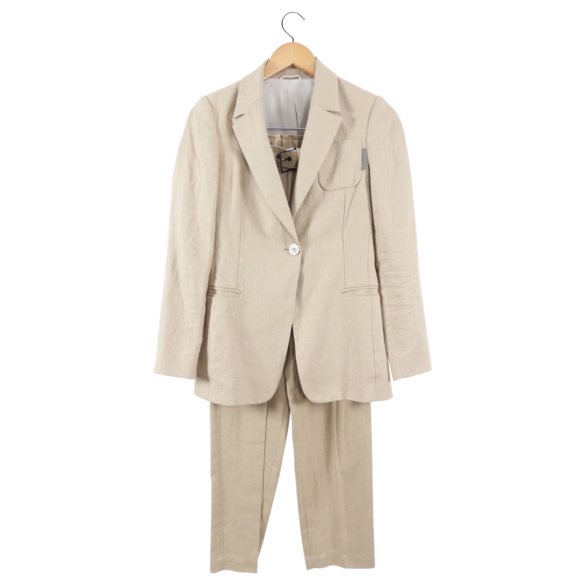Brunello Cucinelli Natural Beige Linen Pants Suit for Women - XS Size | Lightweight Summer Business Casual Outfit for Office & Travel