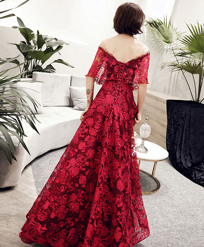 Elegant Burgundy Tulle Lace Long Prom Dress & Evening Gown - Formal Gala, Homecoming, Wedding Guest Dress for Special Occasions