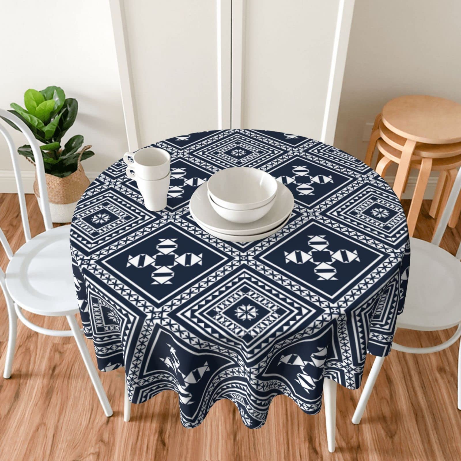 60 Inch Navy Native American Round Tablecloth - Spill Proof & Washable - Perfect for Dinner Parties, Picnics, Camping & Themed Decorations - Native American Inspired Tabletop Decor for Home & Outdoor Events