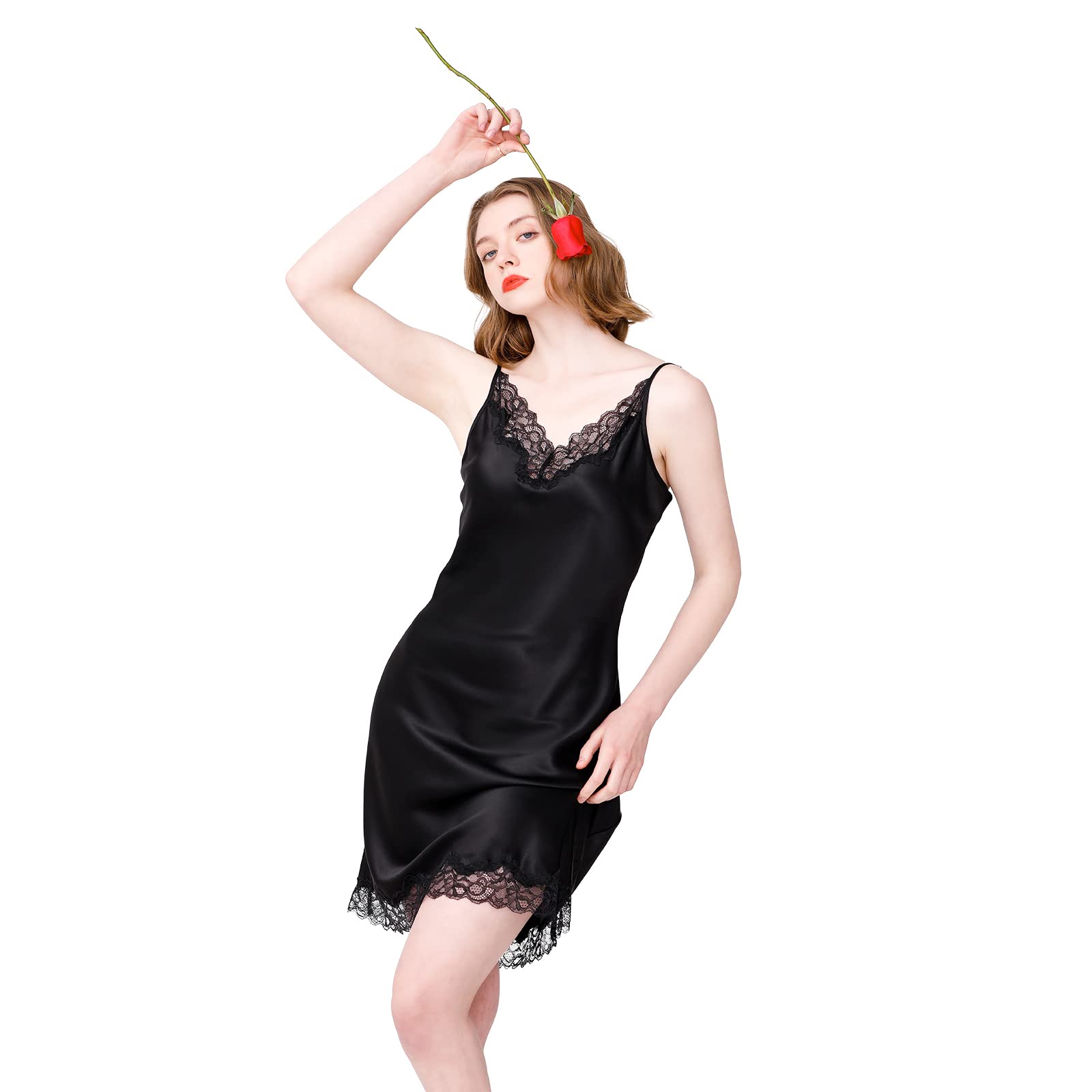 Sericum 100% Mulberry Silk Lace Nightgown for Women - Elegant 2-in-1 Silk Chemise with Charmeuse Fabric & Lace Trim - Perfect for Sleepwear, Bridal Lingerie and Romantic Occasions