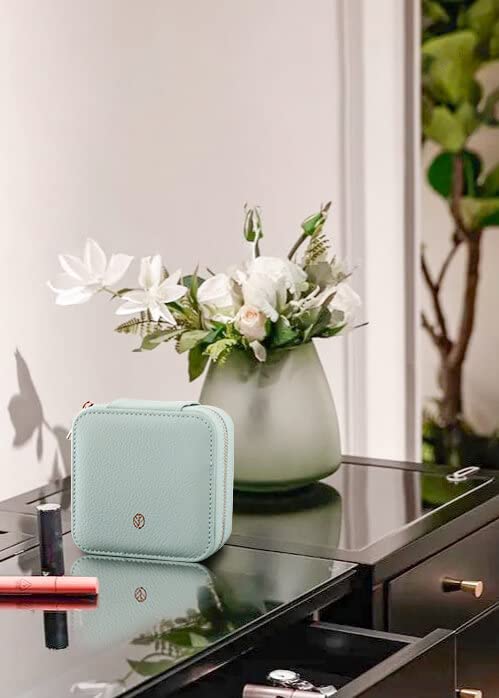 S.Leaf Portable Jewelry Organizer Box for Women - Compact Travel Jewelry Case with Multiple Compartments, Mini Jewelry Storage for Necklaces, Rings & Earrings (Lychee Haze Blue) - Perfect for Vacation, Business Trips & Daily Organization