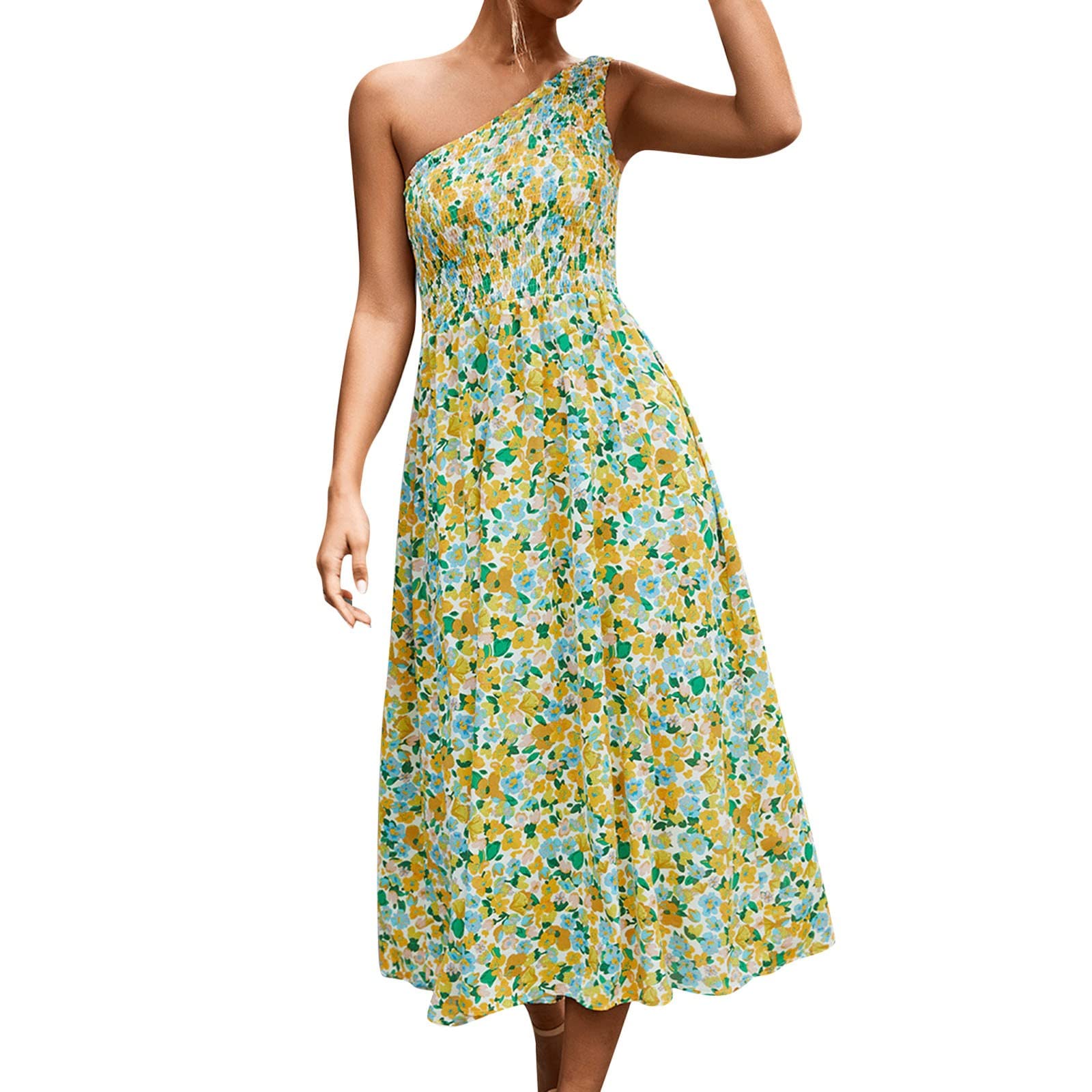 2024 Women's Floral One Shoulder Dress - Sleeveless Ruffled Knot Design Summer Dress | Beach Cover Up, Pool Party, Date Night & Wedding Guest Outfit | Lightweight Breathable Fabric for Garden Brunch, Cocktail Party & Tropical Vacation | Elegant Resort Wear for Bridal Shower, Sunset Dinner & Summer BBQ | Perfect for Travel, Lounging & Romantic Evening Outfits