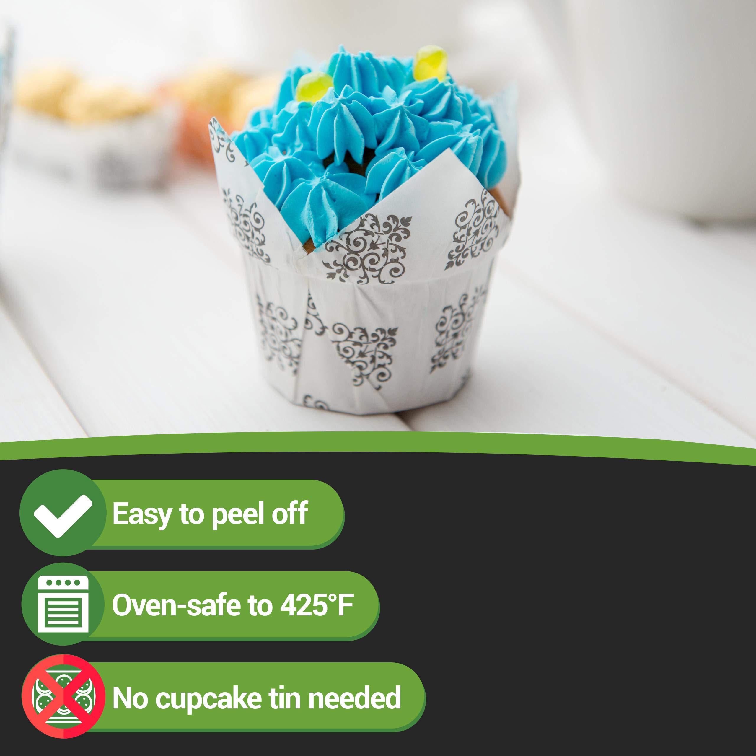 Restaurantware Panificio 1.2 Oz Baking Cups - 200 Count Tulip Cupcake Liners | Oven-Safe, Freezer-Friendly Black & White Floral Muffin Wrappers | Disposable Vintage Paper Baking Cups for Weddings, Baby Showers & Party Desserts
