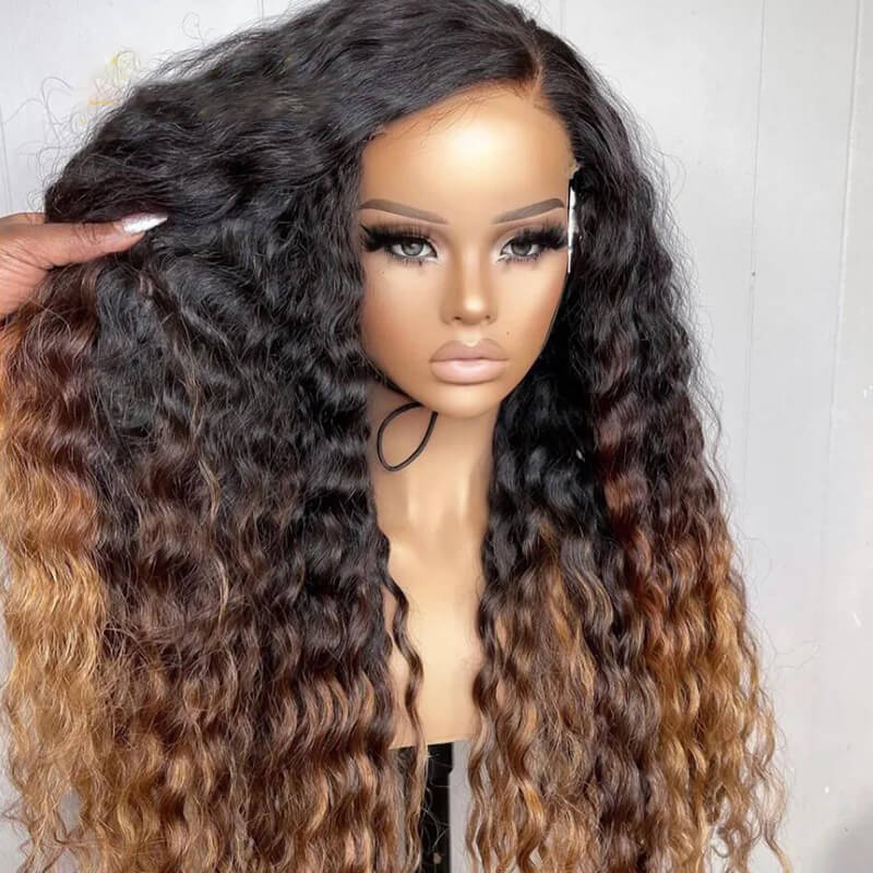 Eullair Ombre 1B/30 Brown Highlights Curly Human Hair Wig with 1B Roots Lace Frontal - Natural Look for Cosplay, Daily Wear & Special Occasions