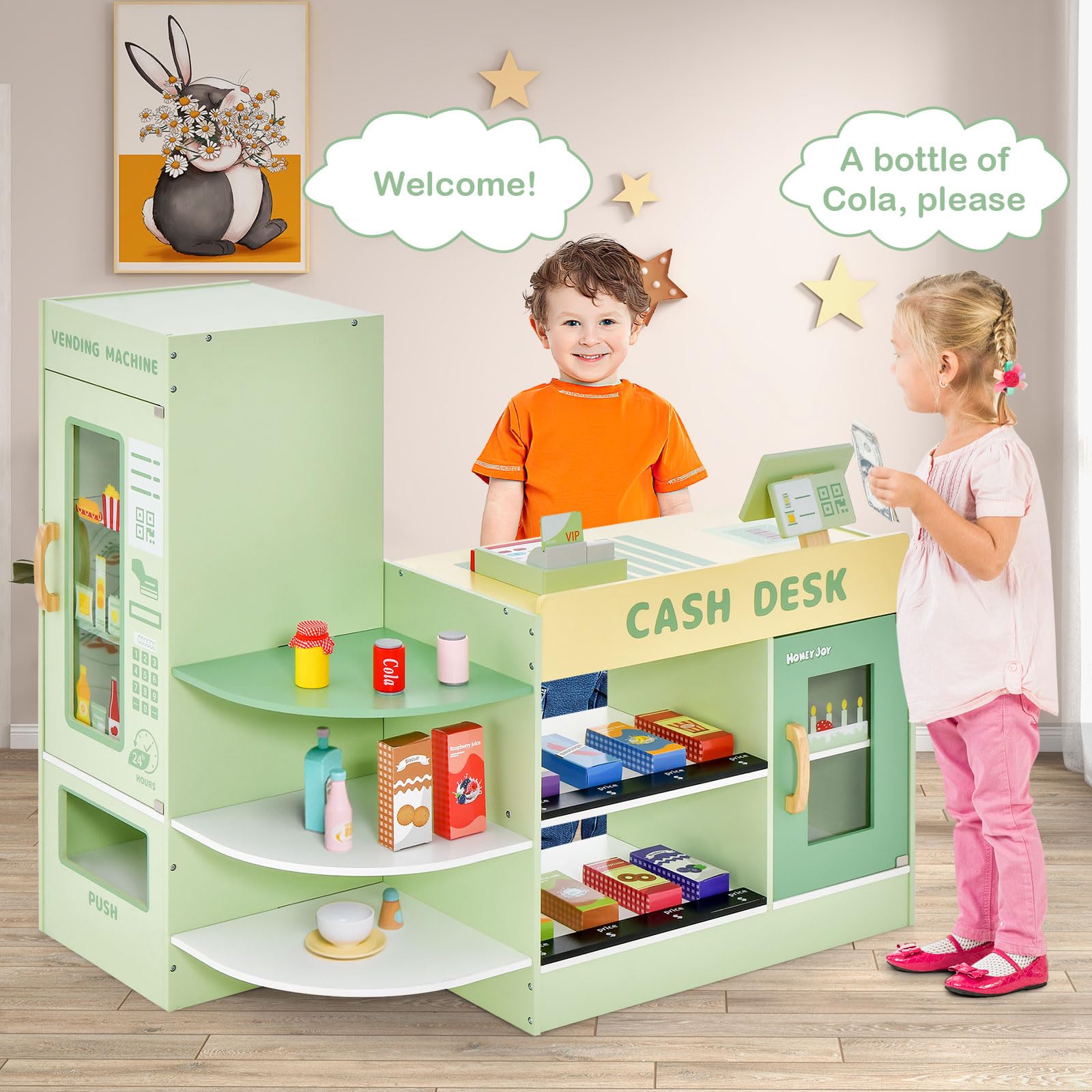 HONEY JOY Wooden Supermarket Playset for Kids - Pretend Play Grocery Store Toy with Cash Register, Vending Machine, Blackboard & Checkout Counter - Educational Role Play Toy for Toddler Boys & Girls (Green) | Perfect for Home, Classroom & Daycare Pretend Play Activities