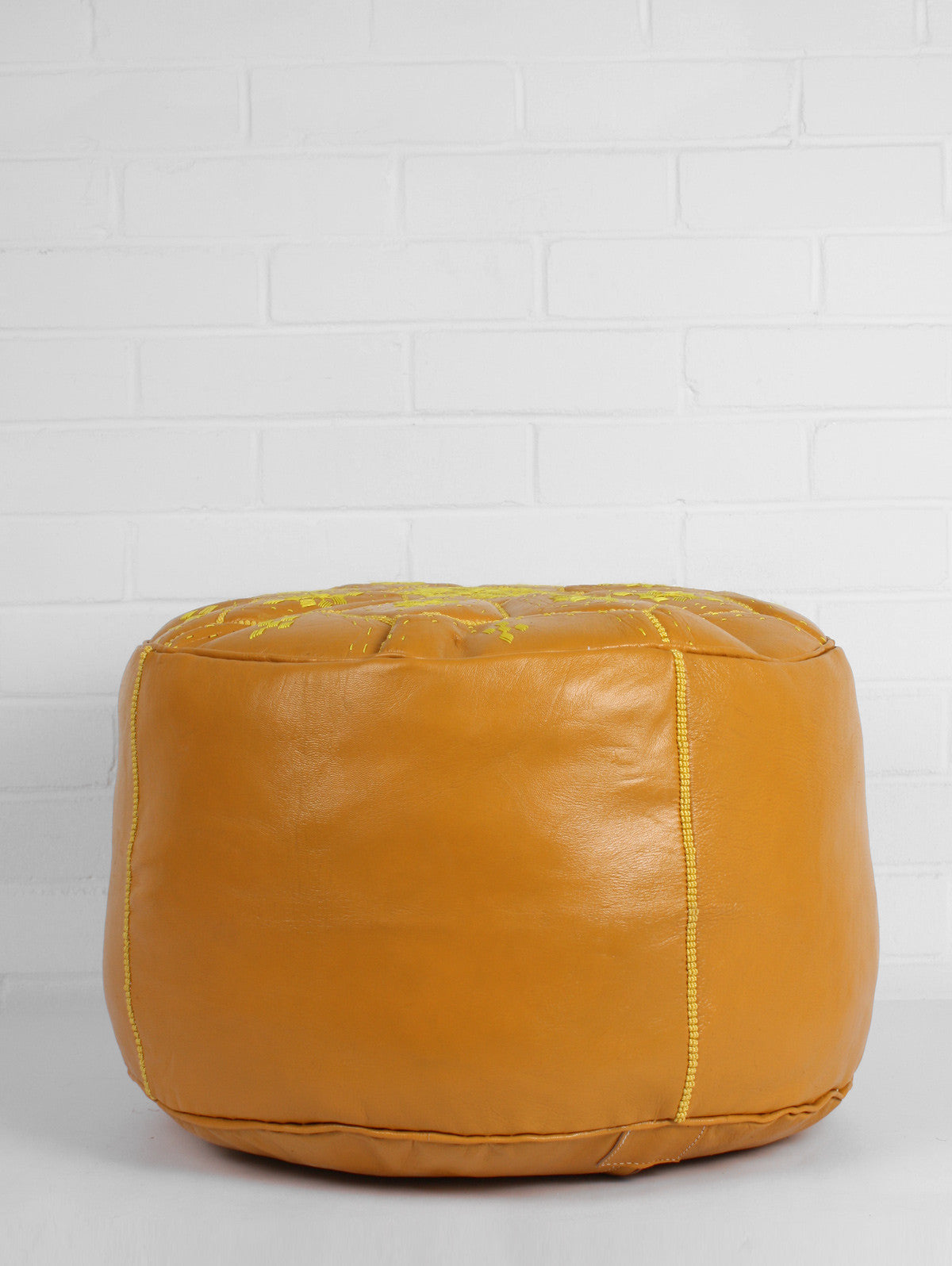 Handmade Moroccan Leather Tile Pouffe Ottoman - Mustard Yellow Boho Style Footstool for Living Room, Bedroom & Lounge Decor