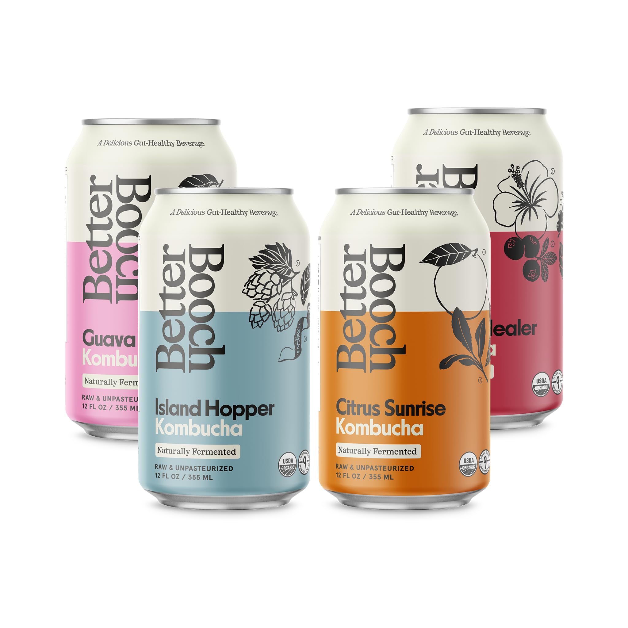 Better Booch Organic Kombucha - Probiotic & Antioxidant Rich Raw Sparkling Tea - Low Sugar, Vegan, Gluten Free - Gut Healthy Active Cultures, 12 Fl Oz Cans, 12-Pack (Tropical Variety Pack) | Refreshing Drink for Gut Health, Energy Boost & Wellness | Perfect for Yoga, Workouts & Healthy Lifestyle