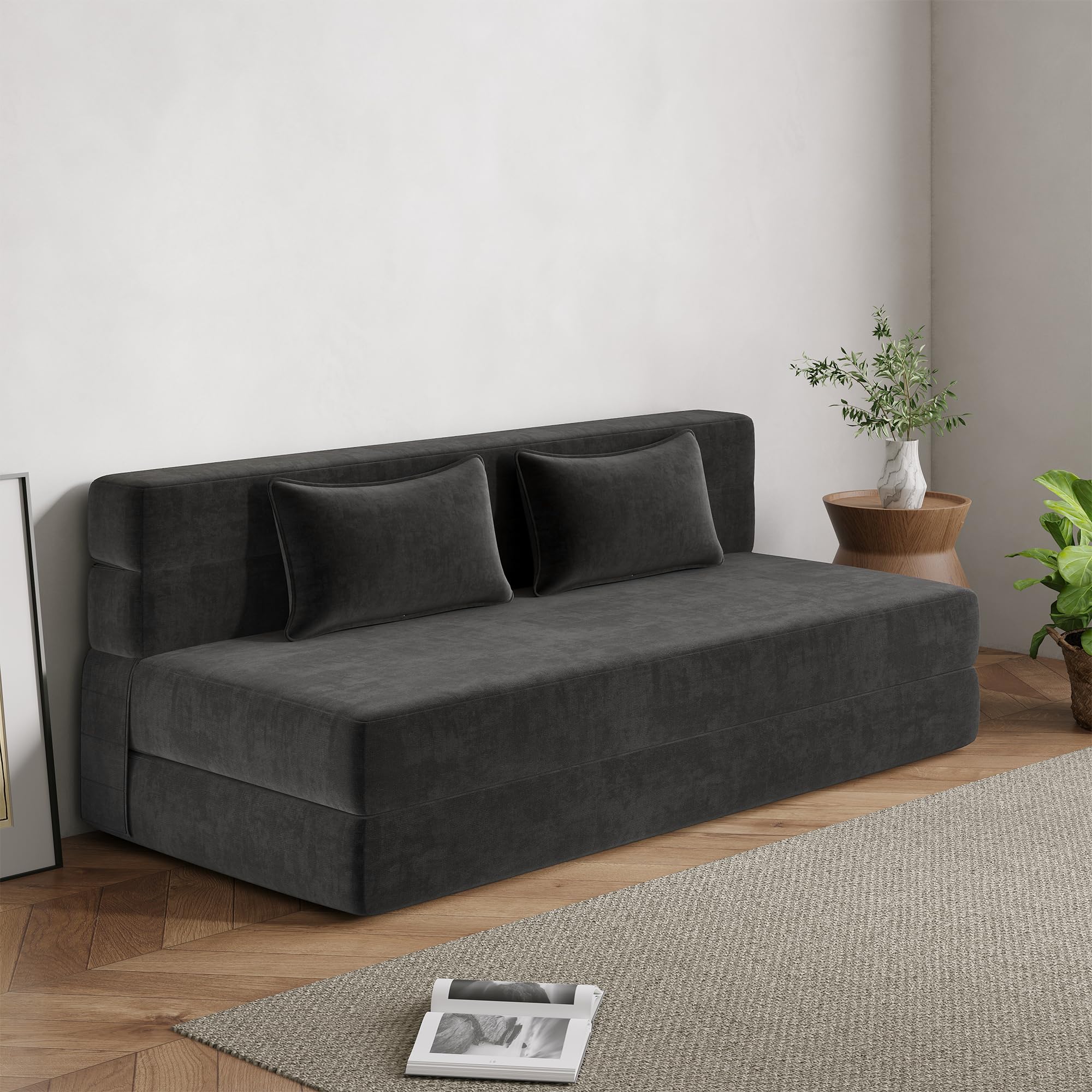 Luoxiao Queen Size Folding Sofa Bed Convertible Sleeper Chair with Pillows - Foldable Futon Floor Sofa for Living Room, Dorm, Guest Room - Washable Dark Grey Cover - Perfect for Small Spaces, Lounging & Overnight Guests