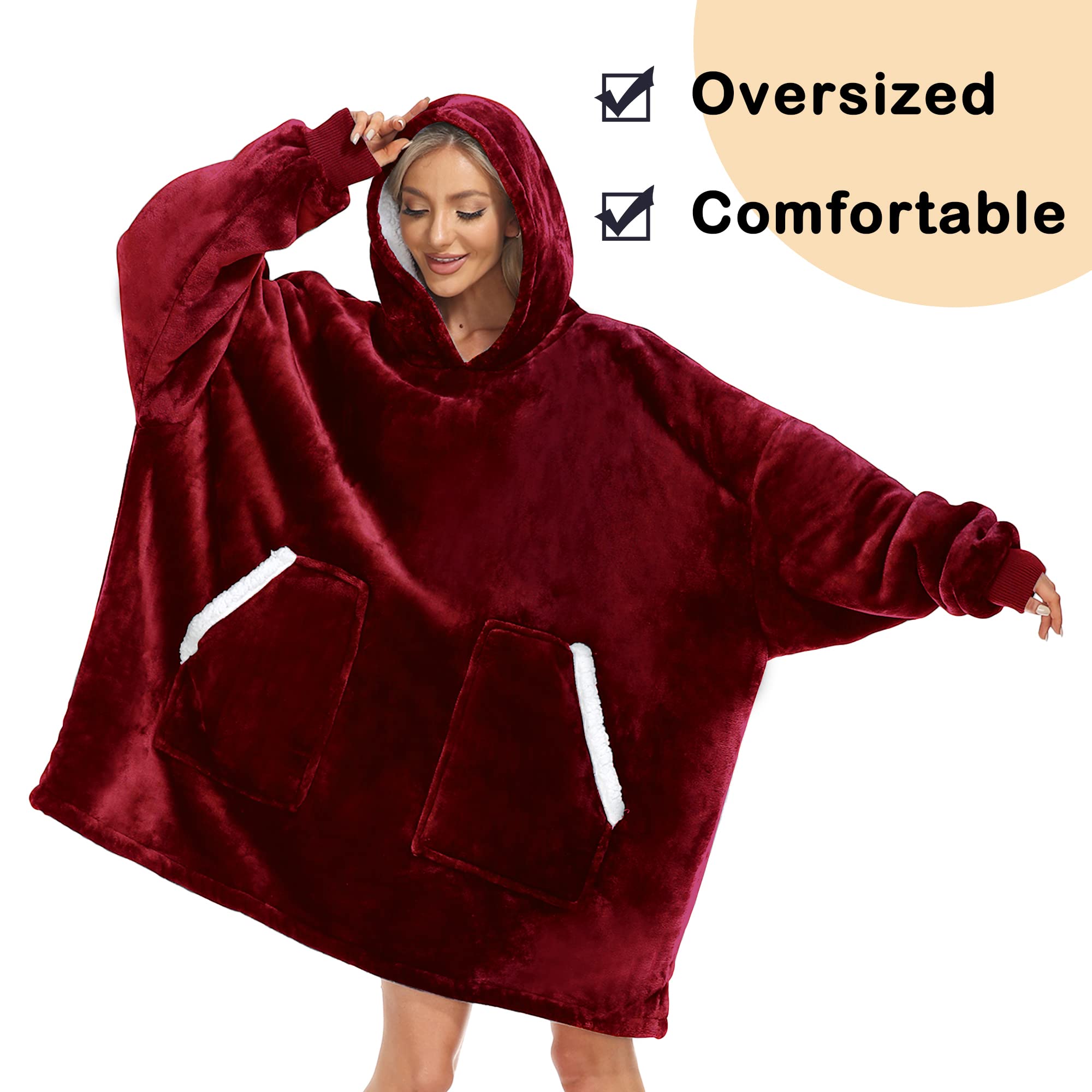 Kipswiza Oversized Wearable Blanket Hoodie - Sherpa Lined Soft Warm Hooded Sweatshirt Blanket for Women & Teens | Cozy Loungewear for Winter Nights, Movie Marathons & Gift Giving (Wine Red)