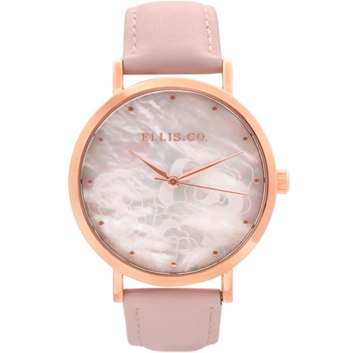 Ellis & Co Holly Mother of Pearl Rose Patterned Dial Pink Leather Band Women's Watch - Elegant Gift for Mother's Day, Anniversary & Special Occasions