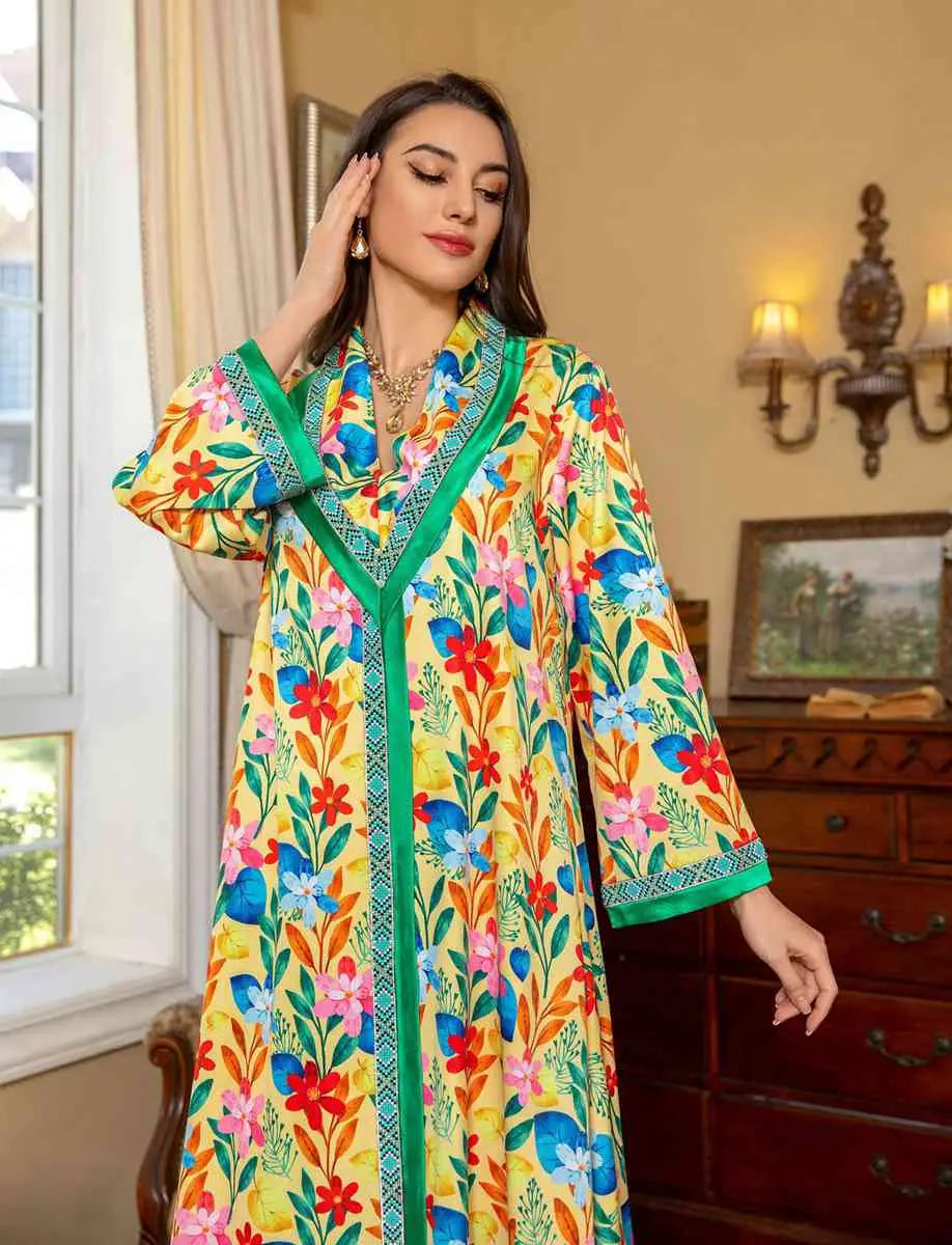 Elegant Hotfix Rhinestone Flower Printed Kaftan Dress - Eid Jalabiya Abaya for Women | Perfect for Eid Celebrations, Weddings & Special Occasions