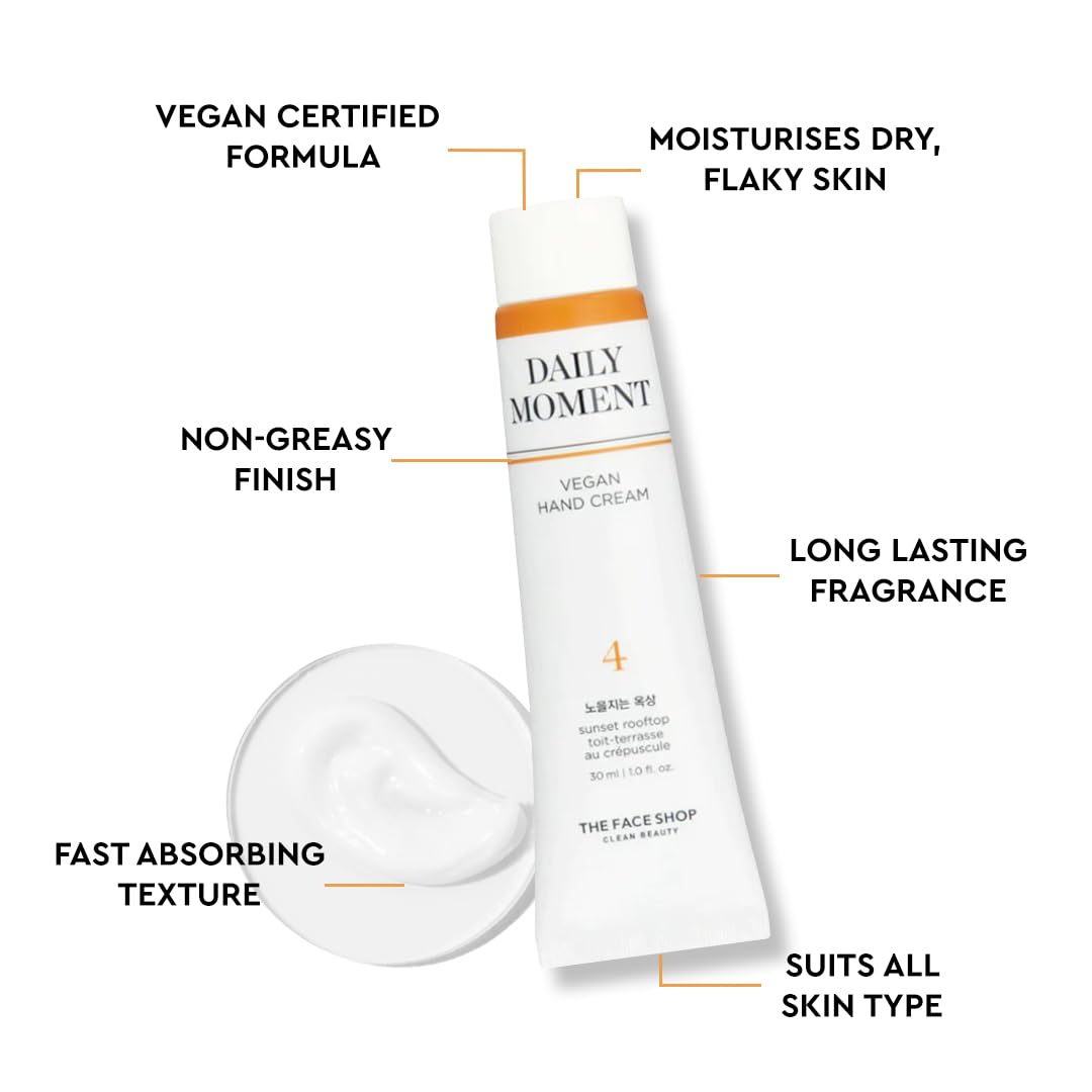The Face Shop Daily Moment Vegan Hand Cream - Sunset Rooftop Scent with Hyaluronic Acid & Shea Butter | Non-Greasy, Fast Absorbing Moisturizer for Dry Hands | 30ml Travel Size | Perfect for Office, Travel & Daily Hydration
