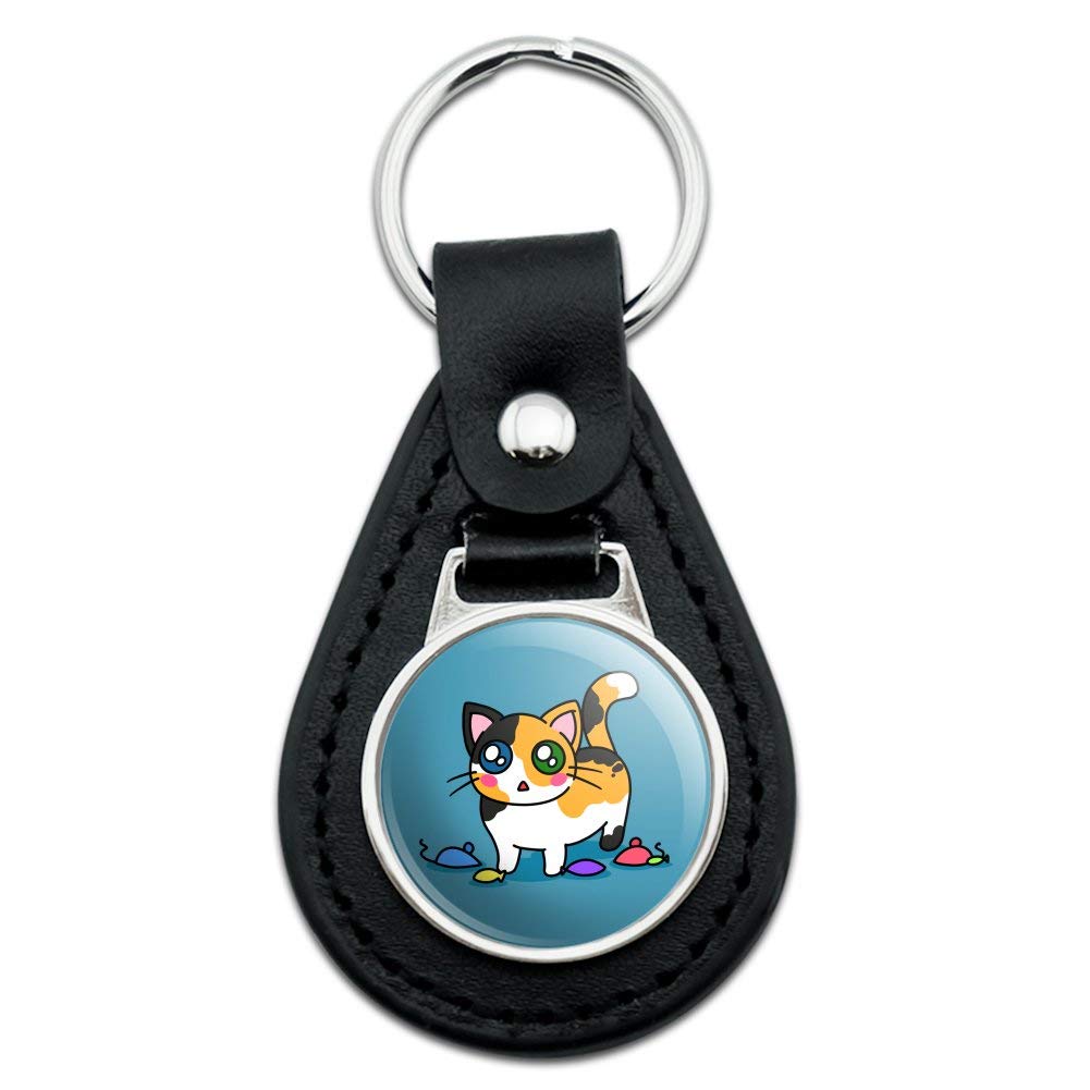 Black Leather Calico Kitten Keychain with Cat Toys - Cute Pet Lover Gift for Cat Owners, Perfect for Keyrings, Bags & Backpacks