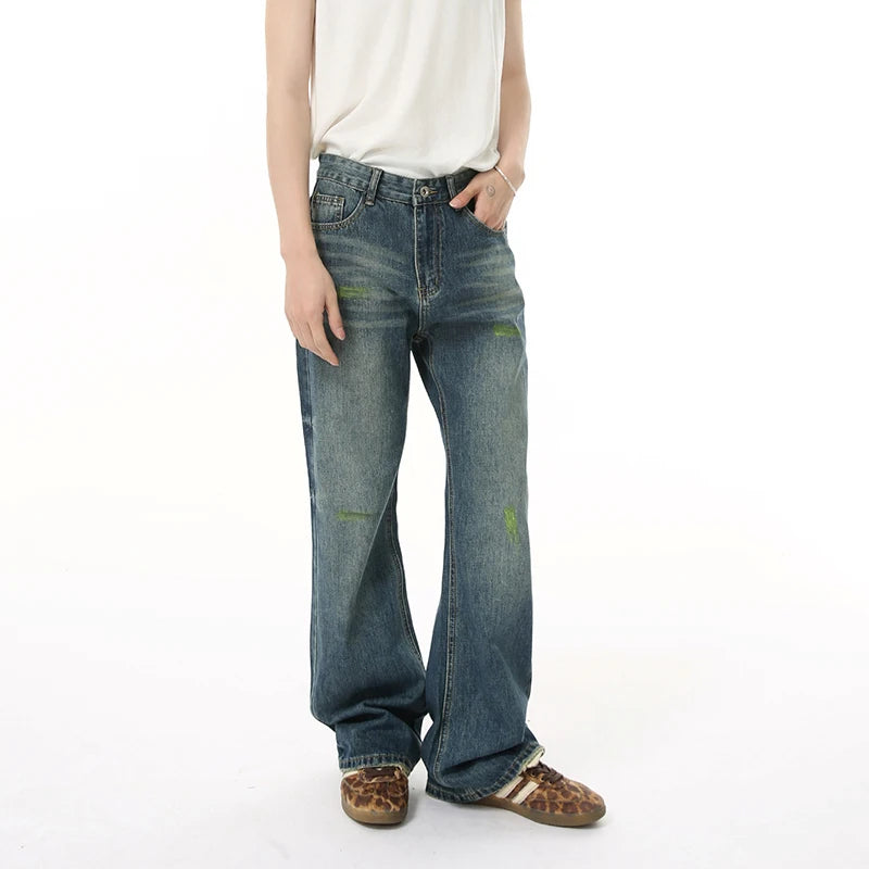 Trendy Men's Washed Denim Jeans - High Street Brushed Paint Micro Flare Casual Pants for American Style | Perfect for Everyday Wear, Street Fashion & Casual Outings