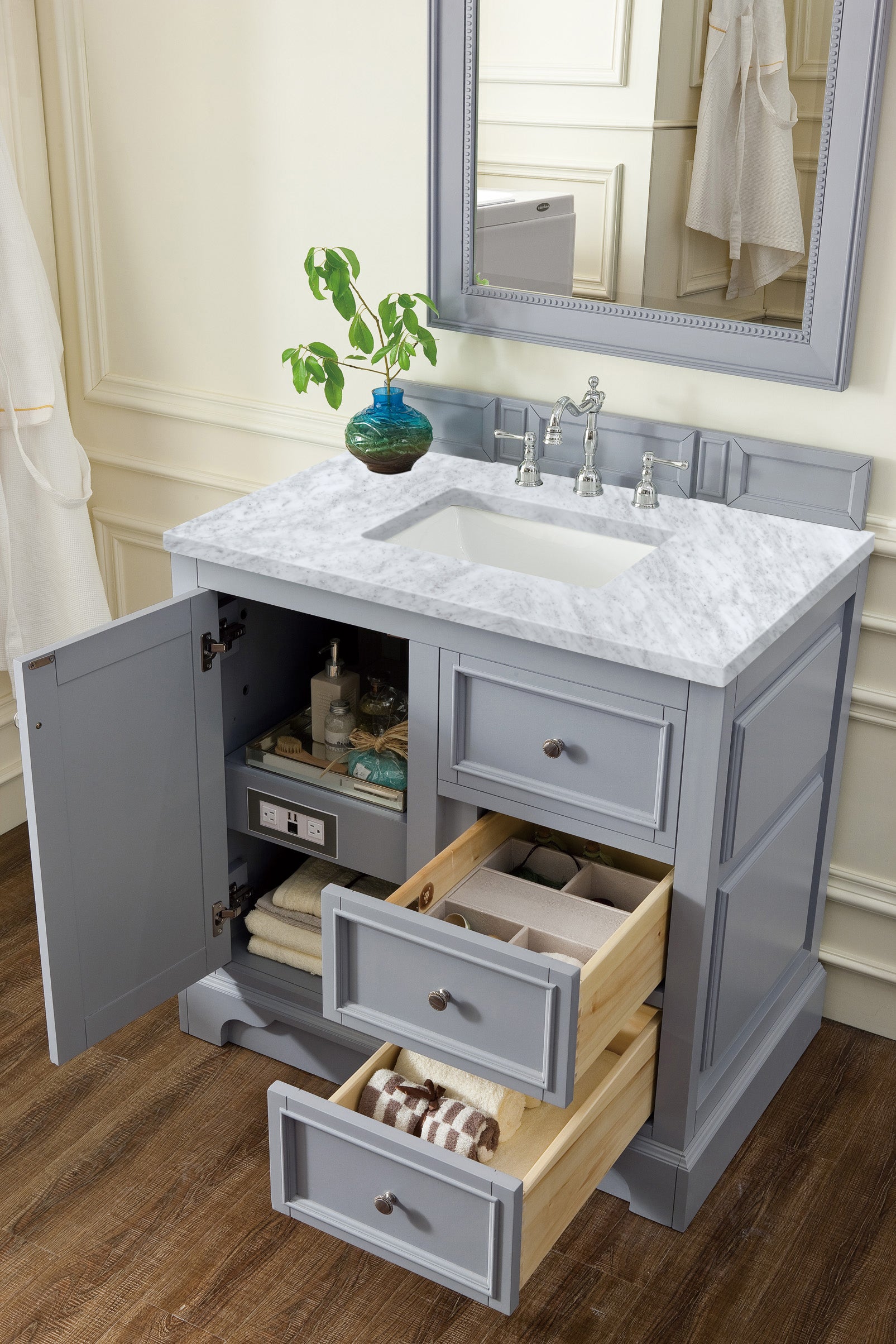 De Soto 36 Inch Single Bathroom Vanity with 3CM Carrara Marble Top in Silver Gray - Perfect for Modern Home, Apartment & Luxury Bathroom Remodeling