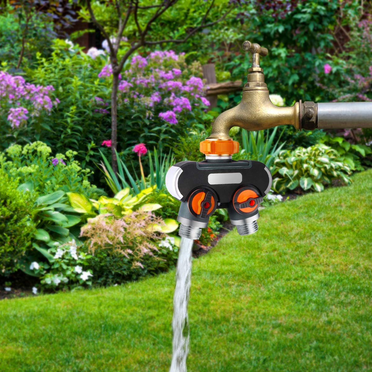 Lxcom 2-Way Garden Hose Splitter Adapter - Durable Y Connector with Comfortable Rubberized Grip & 4 Rubber Washers - Perfect for Lawn Watering, Car Washing & Outdoor Cleaning
