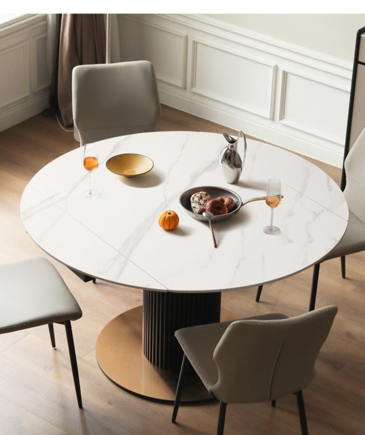 Solid Oak Wood Round Extendable Dining Table with Rotating Lazy Susan - Light Luxury Rock Board Design for Modern Kitchen & Dining Room