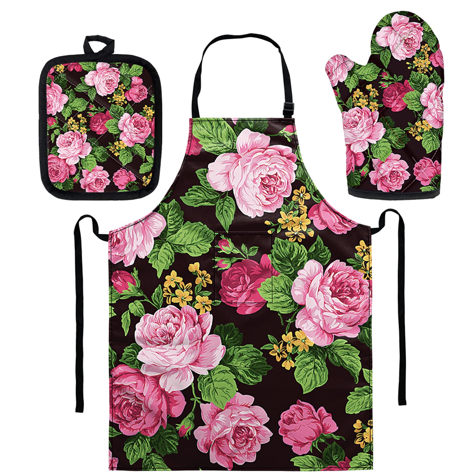 GLENLCWE Pink Peony Print Kitchen Apron Set with Oven Mitts & Pot Holders - 3PCS Heat Resistant Cooking Accessories for Baking, Grilling & Home Decor Protection