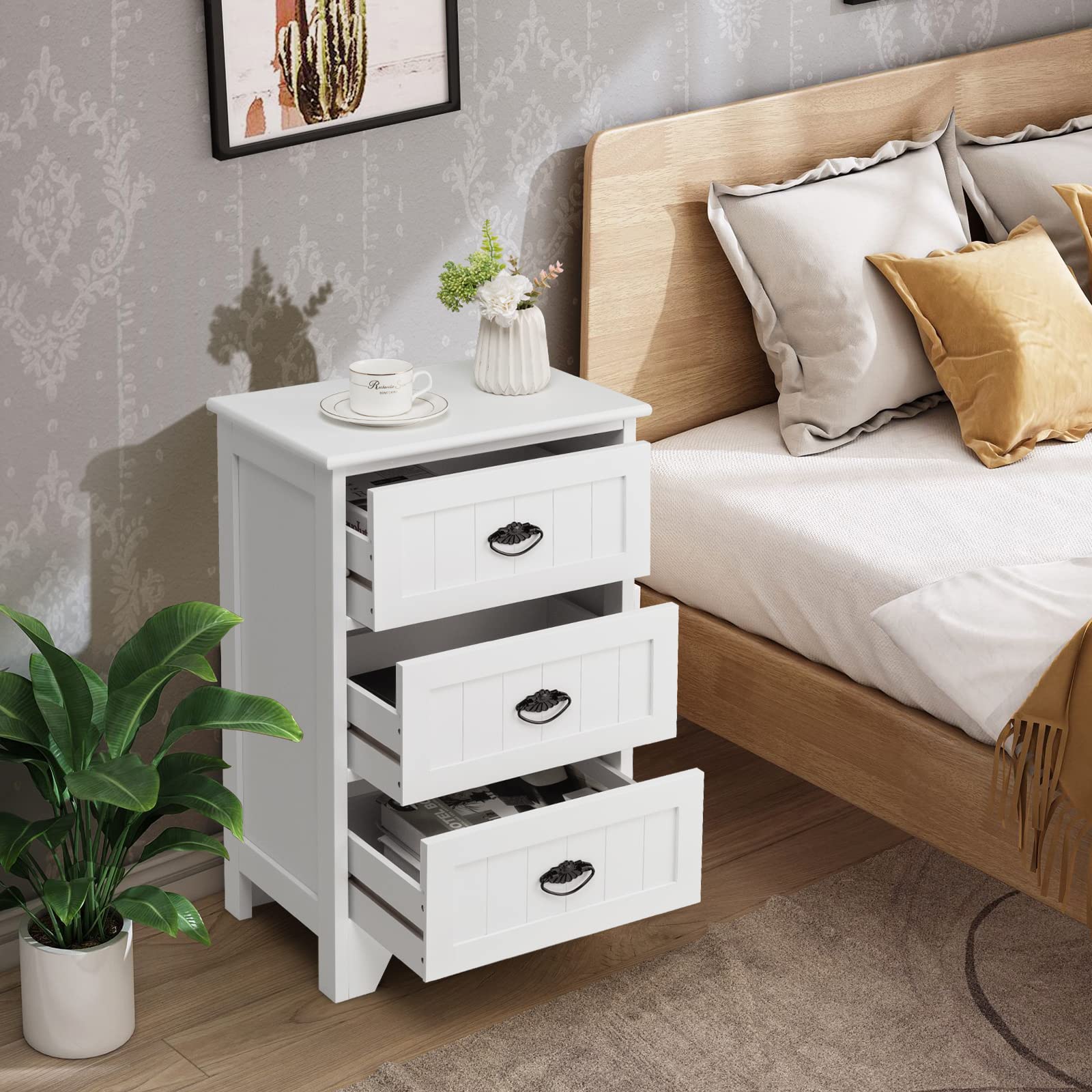 Giantex White Nightstand Set of 2 - 3 Drawer Bedside Table with Metal Handles, Anti-Tip Design for Bedroom, Living Room & Office - Perfect for Storage, Reading & Home Decor