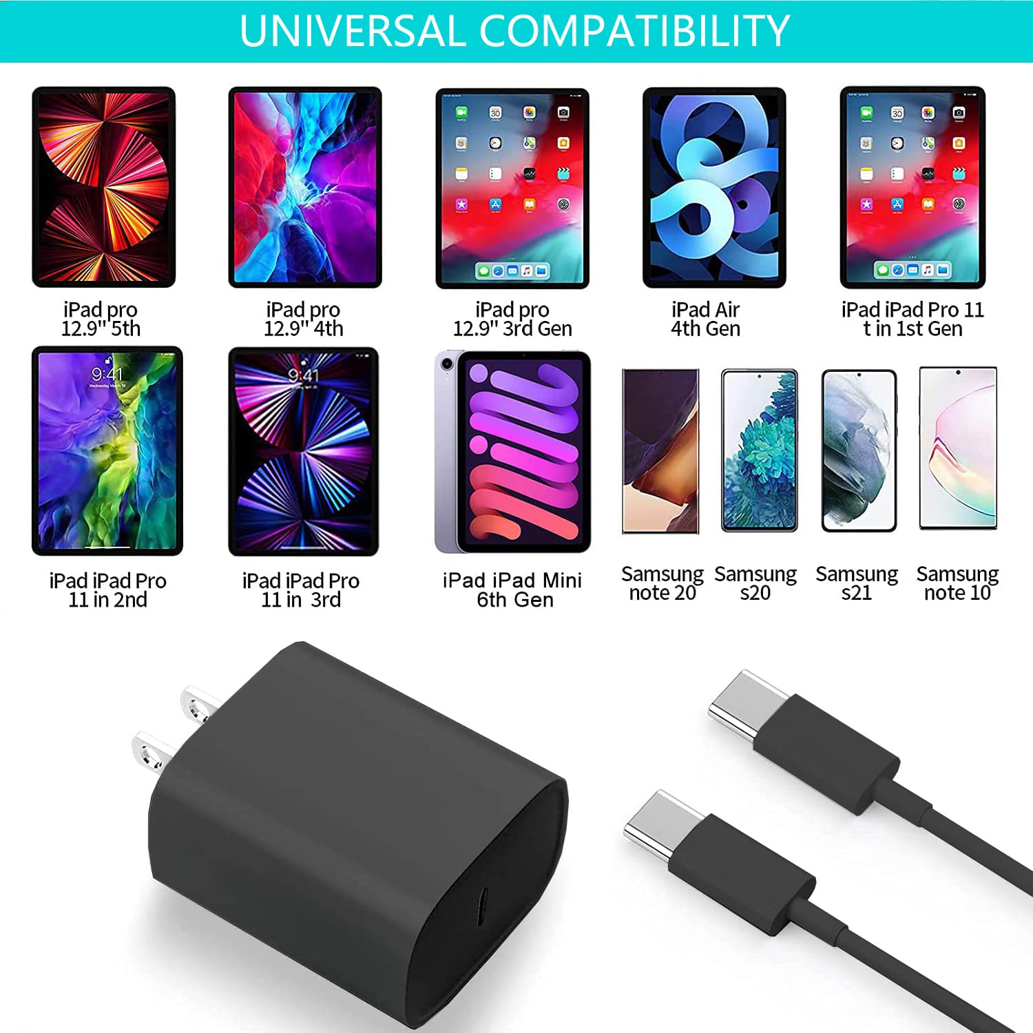 20W USB C Fast Charger for iPad Pro 12.9/11, iPad Air & Mini - 10FT Extra Long Charging Cord - High Speed Power Adapter for Apple Tablets - Perfect for Home, Office & Travel Use