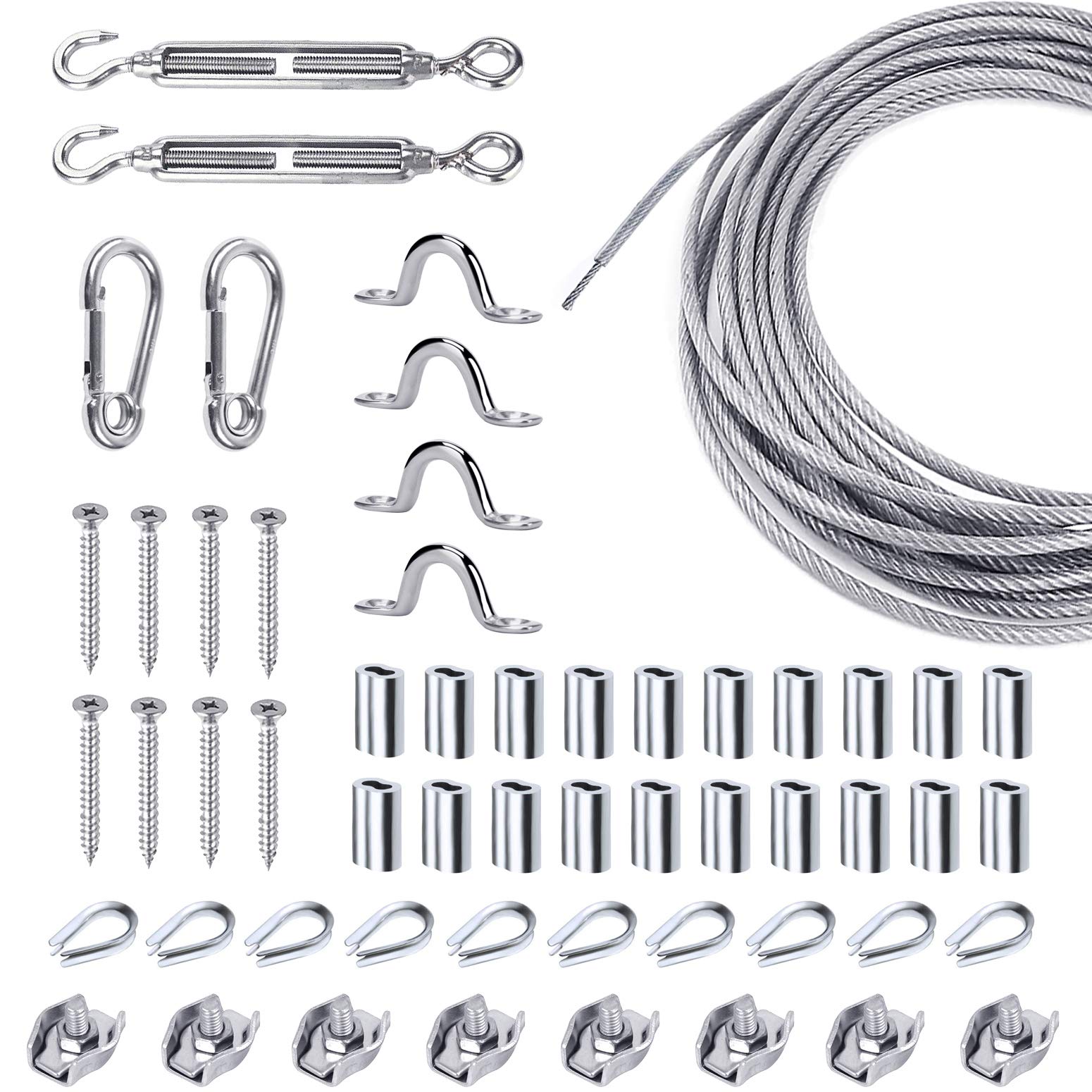 **Stainless Steel Wire Rope Kit - 165 Ft Vinyl Coated Cable with Turnbuckle & Hooks for Globe String Lights, Cable Railing, Aircraft & Picture Hanging - Durable Outdoor & Indoor Use**