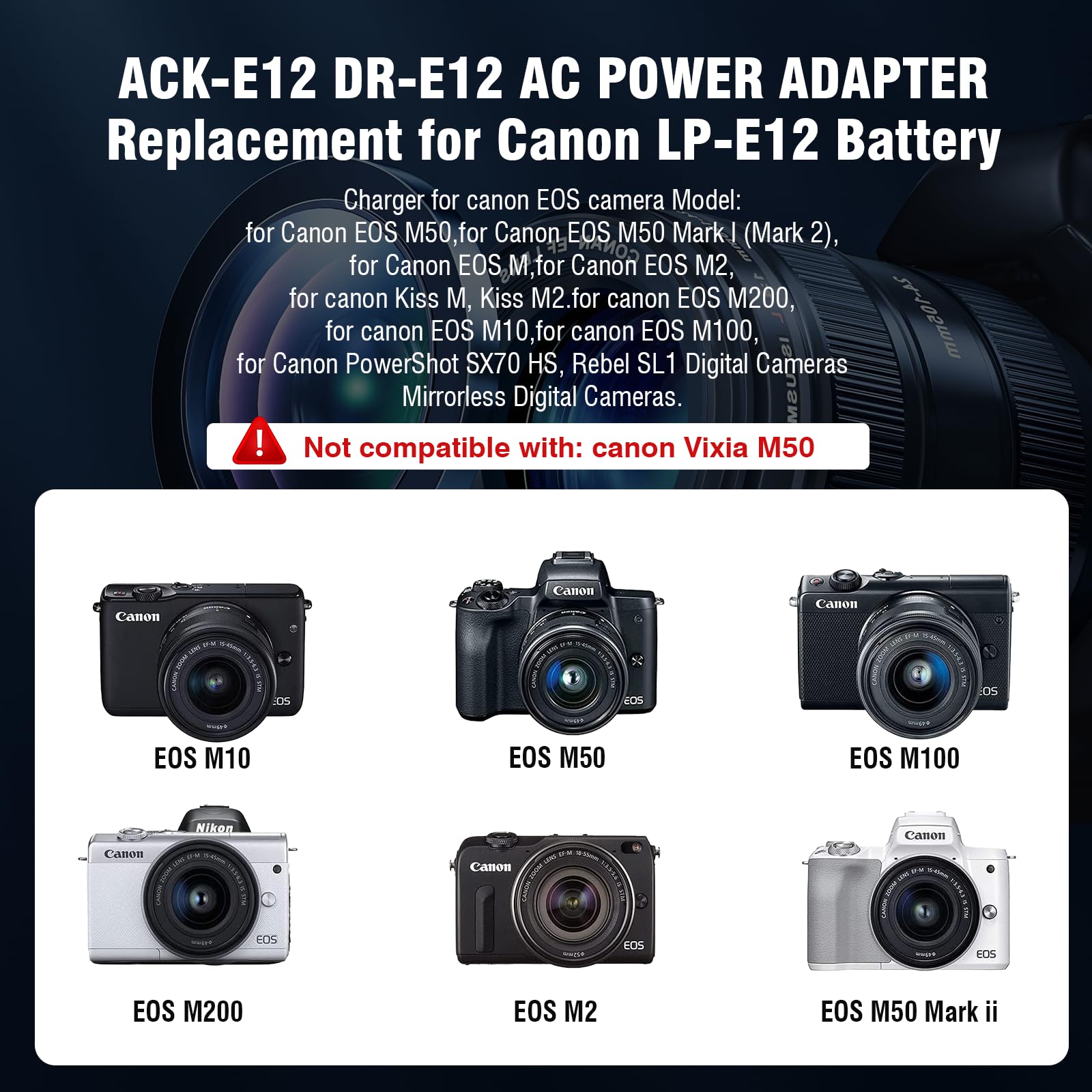 Original Canon ACK-E12 AC Power Adapter & DR-E12 DC Coupler Kit for Canon EOS M, M2, M10, M50 Mark II, M100, M200 Cameras - Continuous Power Supply for Studio Photography & Video Recording