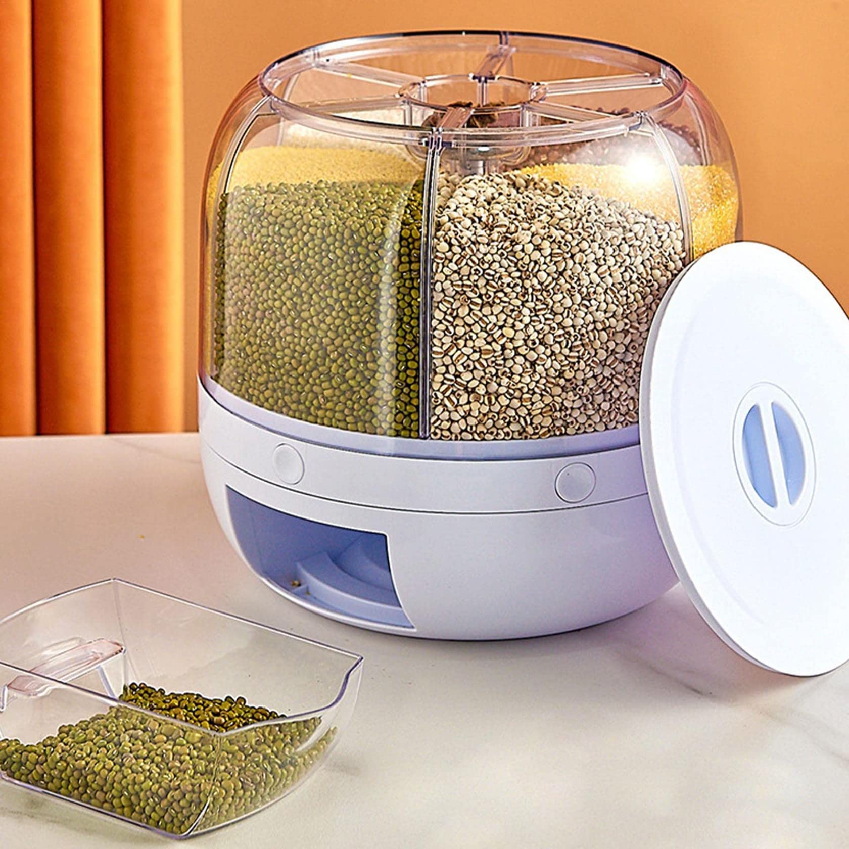 NSMYOOK 22Lbs Rice Storage Container with Lid - 6 Compartment Rotating Transparent Food Dispenser for Grains, Snacks, Sugar, Coffee Beans & Pet Food | Moisture Proof & One-Click Output | Perfect for Kitchen Pantry Organization & Bulk Food Storage