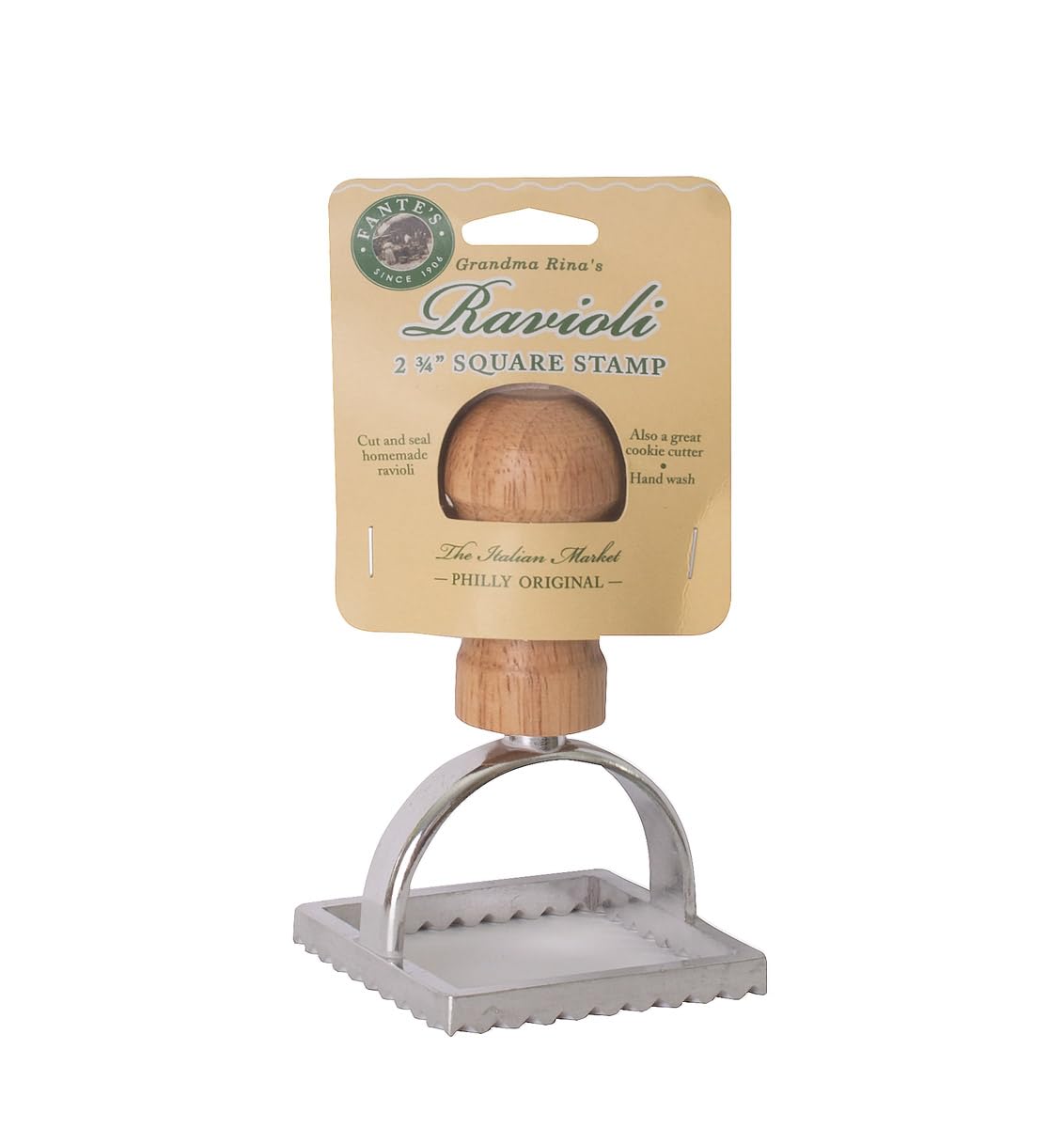 Fantes Ravioli Maker Stamp Set - 2.75-Inch Square Pasta Cutter with Wooden Handle & Fluted Edge | Authentic Italian Market Original Since 1906 | Perfect for Homemade Pasta, Dumplings & Italian Cooking
