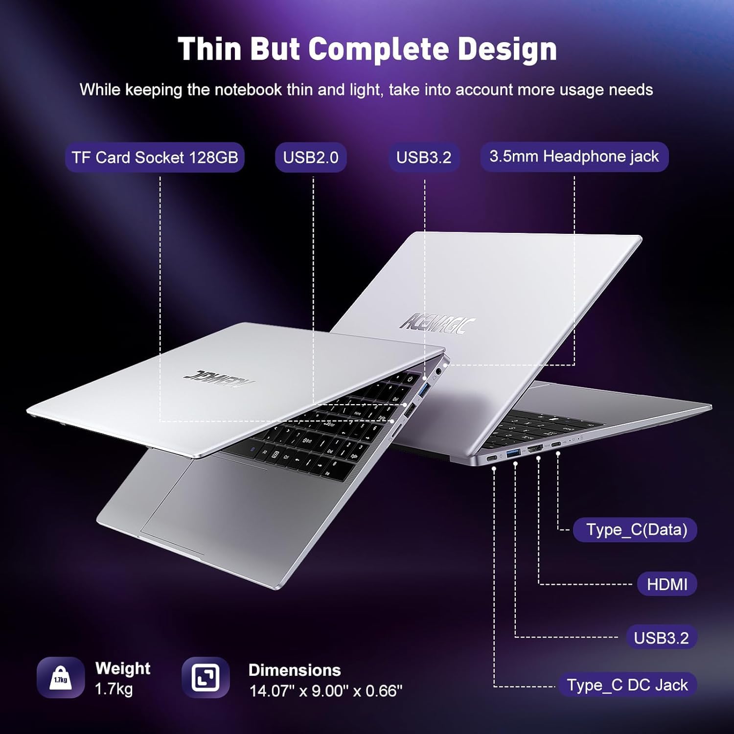 ACEMAGIC 15.6 Inch Laptop with Intel N97 CPU (Up to 3.6Ghz), 16GB DDR4 RAM, 512GB SSD (Expandable to 2TB), Bluetooth 5.0, Type-C, HDMI, USB 3.2 - Silver | Perfect for Work, Study & Entertainment