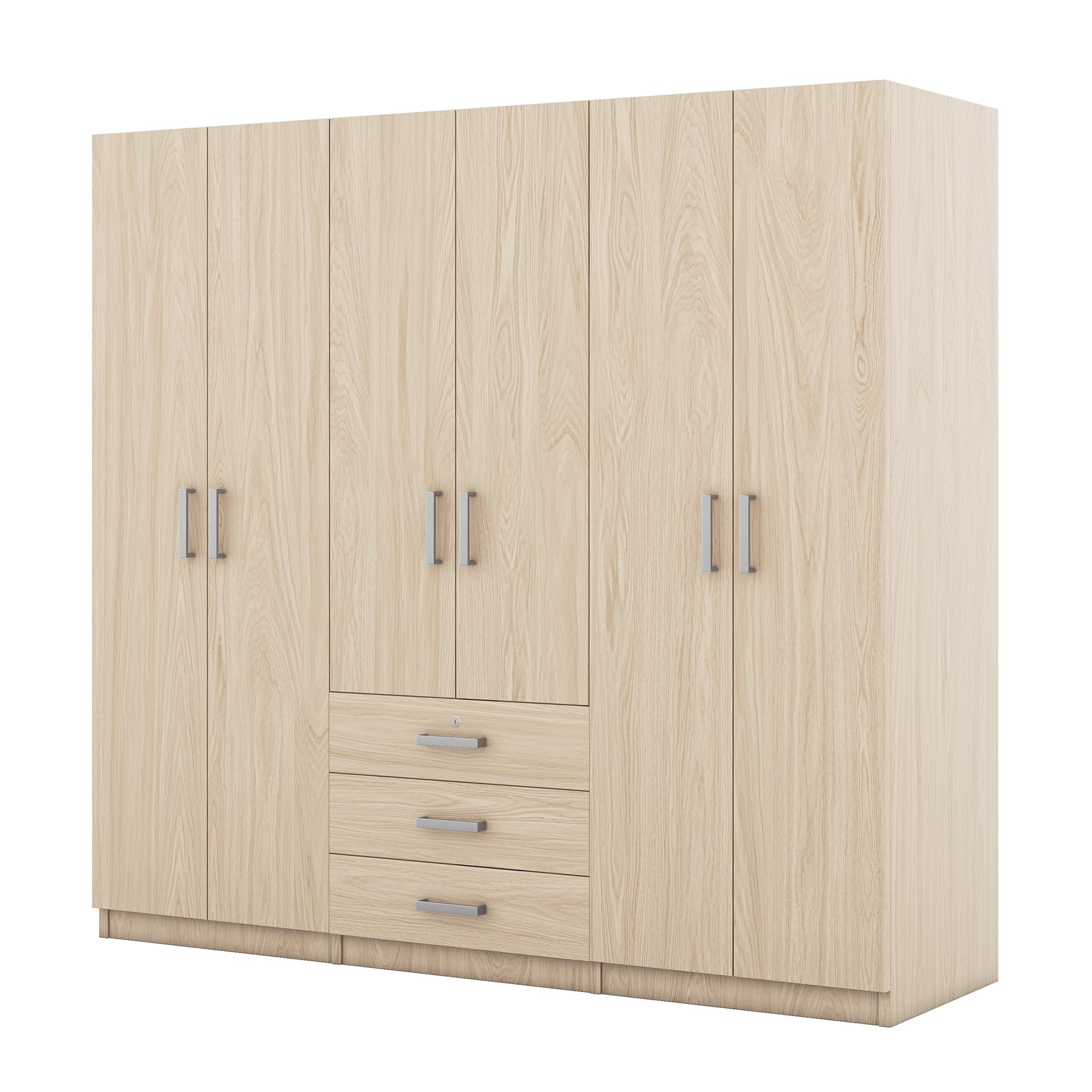 Merax Large 6-Door Natural Wood Wardrobe Closet Organizer - Tall Bedroom Armoire with Spacious Drawers, Hanging Rails & Shelves - Clothes Storage Cabinet for Bedroom, Garage & Laundry Room (Brown) - Perfect for Organizing Seasonal Clothing, Shoes & Linens