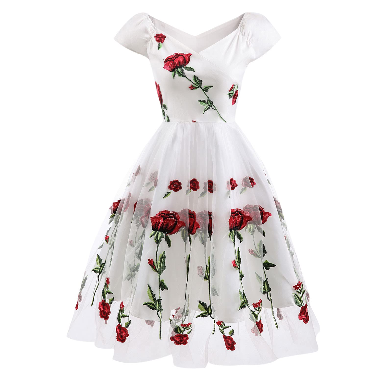 Vintage Rose Embroidery V-Neck Short Sleeve Lace Wedding Guest Dress for Women - Elegant Cocktail Party & Summer Formal Occasion Attire