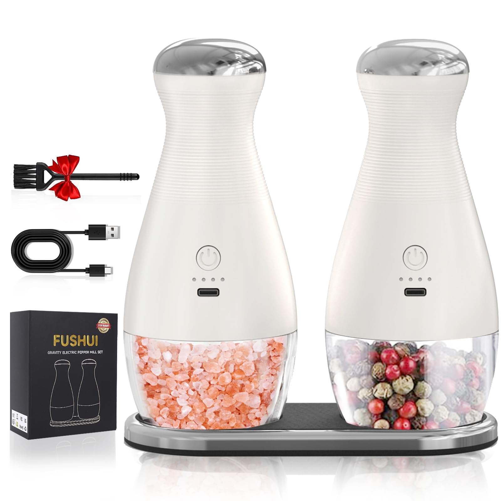 USB Rechargeable Gravity Electric Salt & Pepper Grinder Set - Automatic Adjustable Coarseness with Warm LED Light - Perfect Kitchen Gadget for Cooking & Housewarming Gifts for Men & Women - Ideal for Home Kitchen, Dining Table & Gourmet Cooking