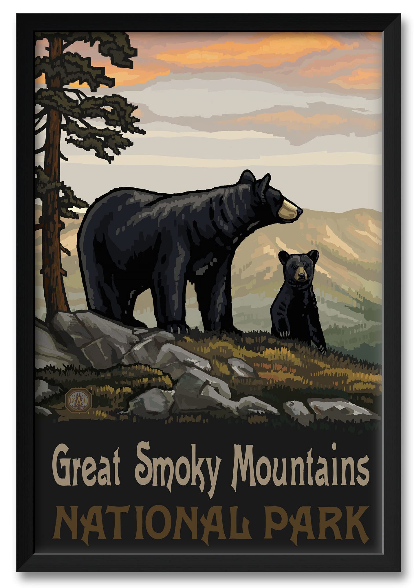 Professionally Framed Black Bear Family Art Print - Great Smoky Mountains National Park by Paul A. Lanquist - 26x38 Inches Wall Decor for Living Room, Office & Cabin