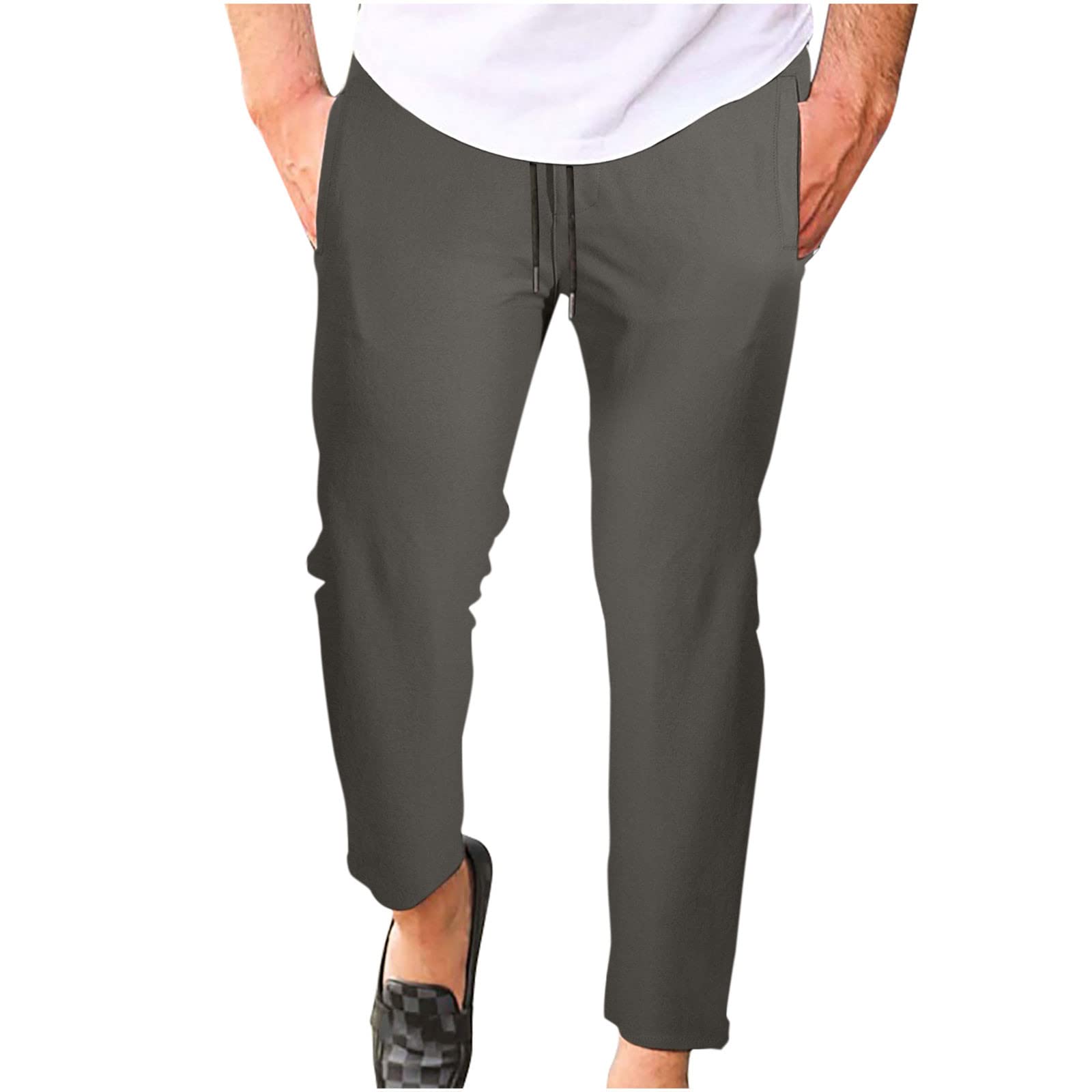 Yihaojia Men's Relaxed-Fit Flat Front Casual Stretch Work Pants with Drawstring - Slim Fit Dress Pants for Office, Business & Everyday Wear