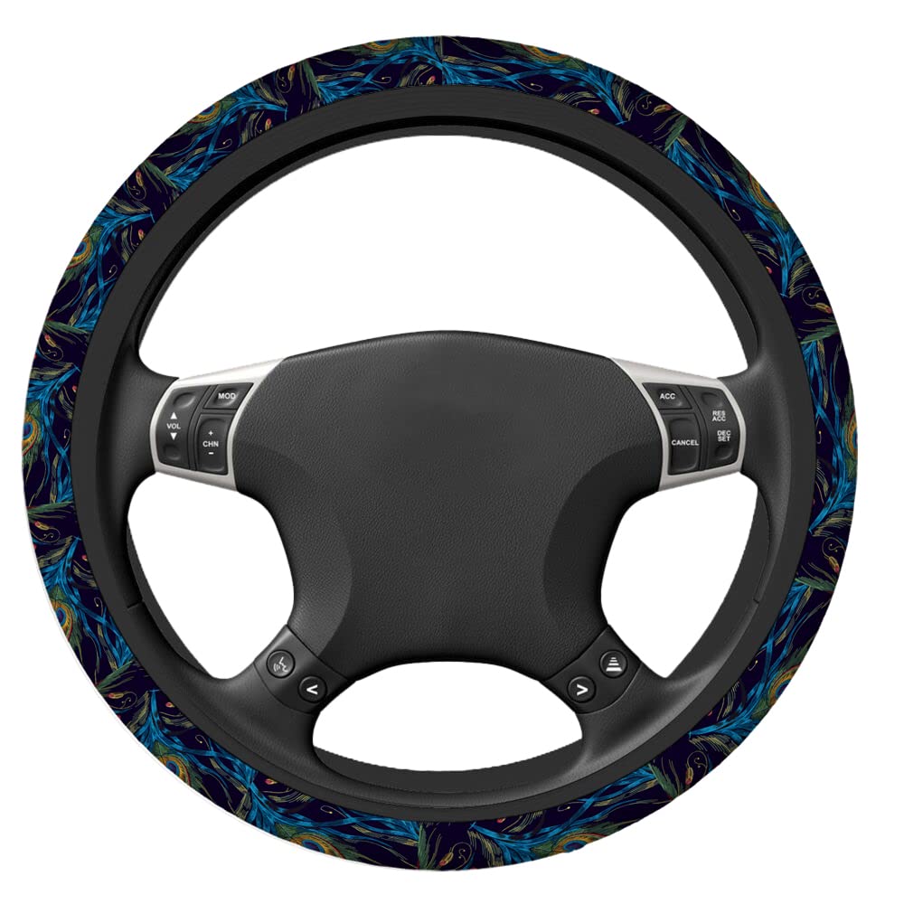 Swono Peacock Feather Steering Wheel Cover - 15 Inch Anti-Slip Neoprene Car Steering Wheel Wrap with Beautiful Blue & Green Feather Design - Universal Fit for Men & Women - Perfect for Summer Driving, Road Trips & Stylish Car Interior Upgrade