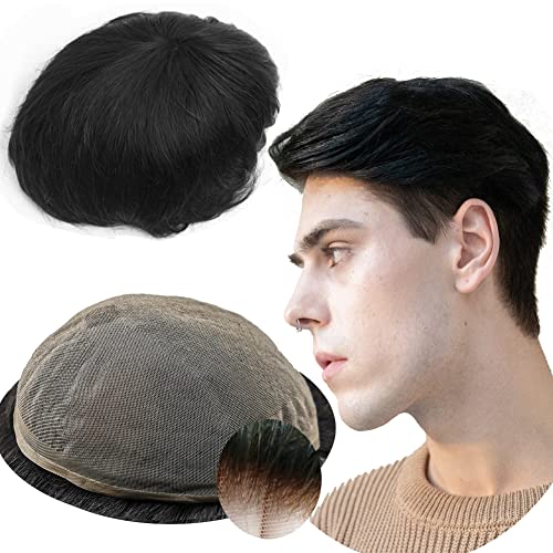 Yanahair 100% European Real Human Hair Toupee for Men - #1B Off Black, Breathable Fine French Lace Hair Replacement System - Perfect for Daily Wear, Special Occasions & Hair Loss Solutions